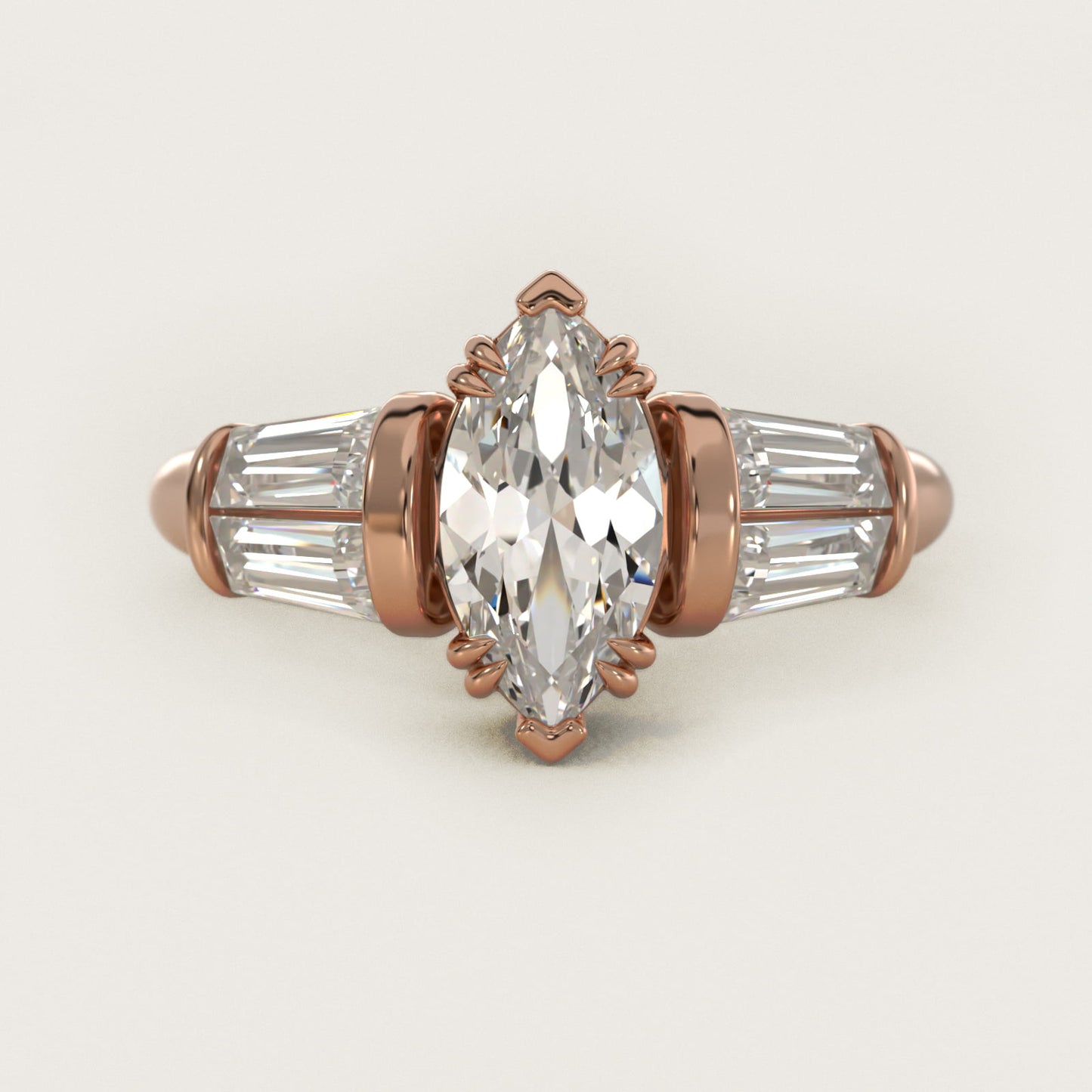 Five-Stone Tapered Baguette Diamond Engagement Ring in 18k Rose Gold (3/4 ct. tw.) - Marquise Center