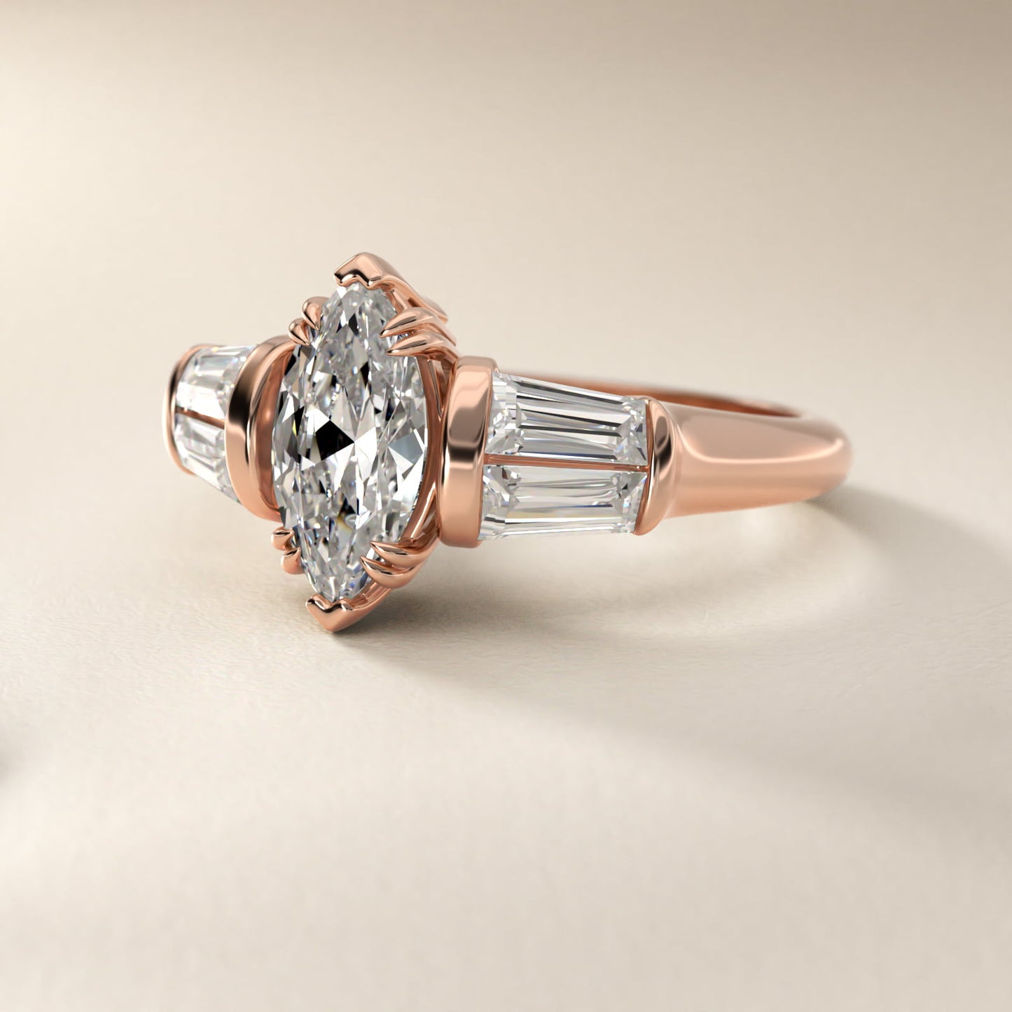 Five-Stone Tapered Baguette Diamond Engagement Ring in 14k Rose Gold (3/4 ct. tw.) - Marquise Center