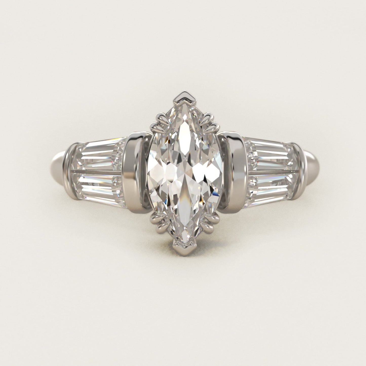 Five-Stone Tapered Baguette Diamond Engagement Ring in 14k White Gold (3/4 ct. tw.) - Marquise Center