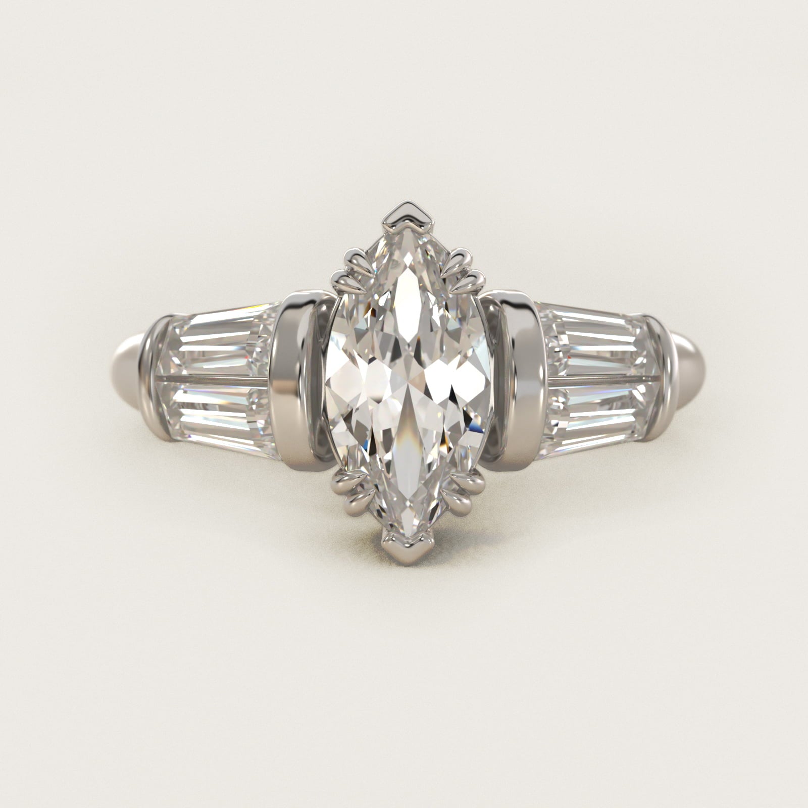 Five-Stone Tapered Baguette Diamond Engagement Ring in 14k White Gold (3/4 ct. tw.) - Marquise Center