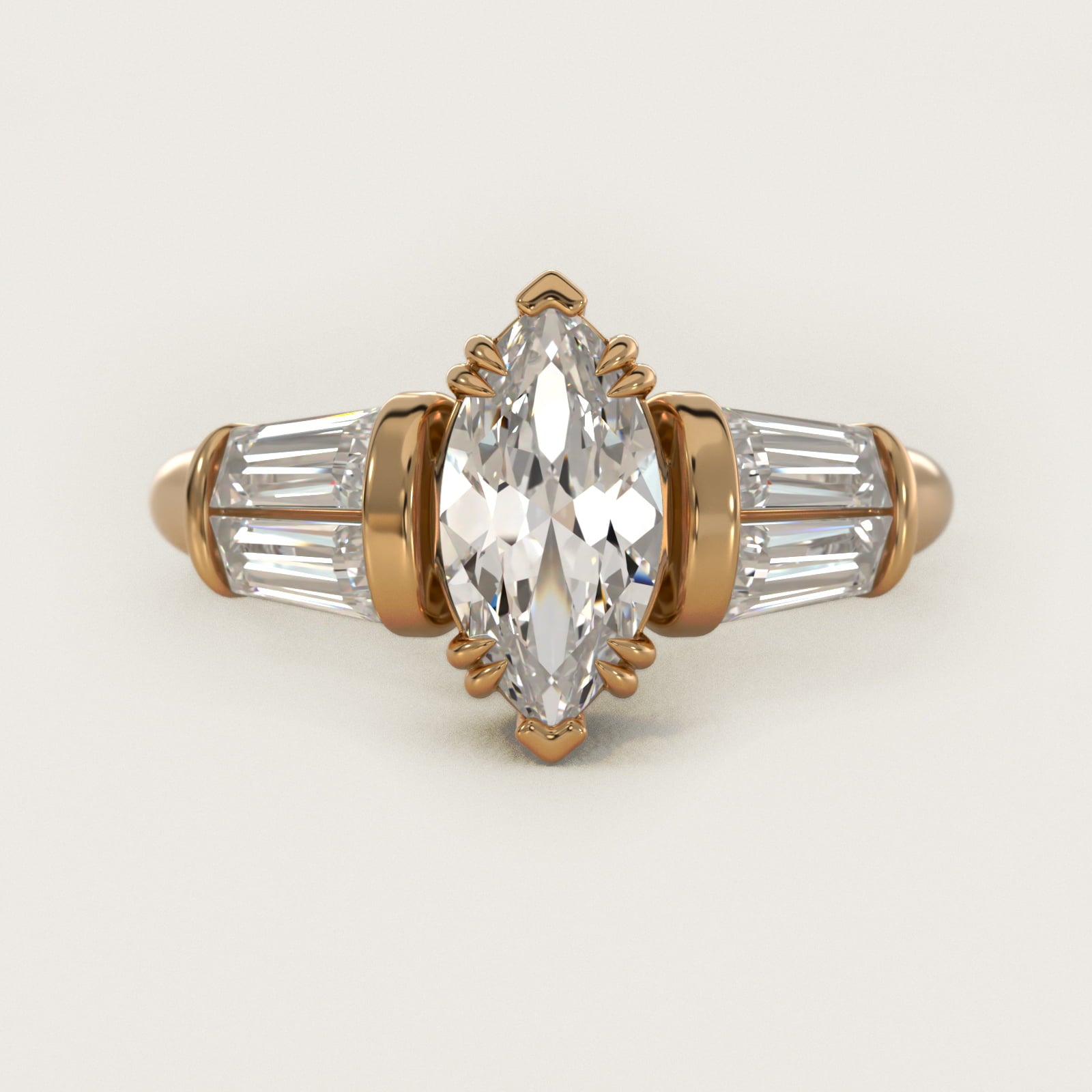 Five-Stone Tapered Baguette Diamond Engagement Ring in 14K Yellow Gold (3/4 ct. tw.) - Marquise Center