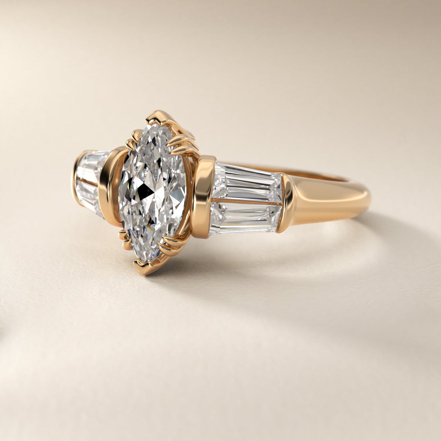 Five-Stone Tapered Baguette Diamond Engagement Ring in 14K Yellow Gold (3/4 ct. tw.) - Marquise Center