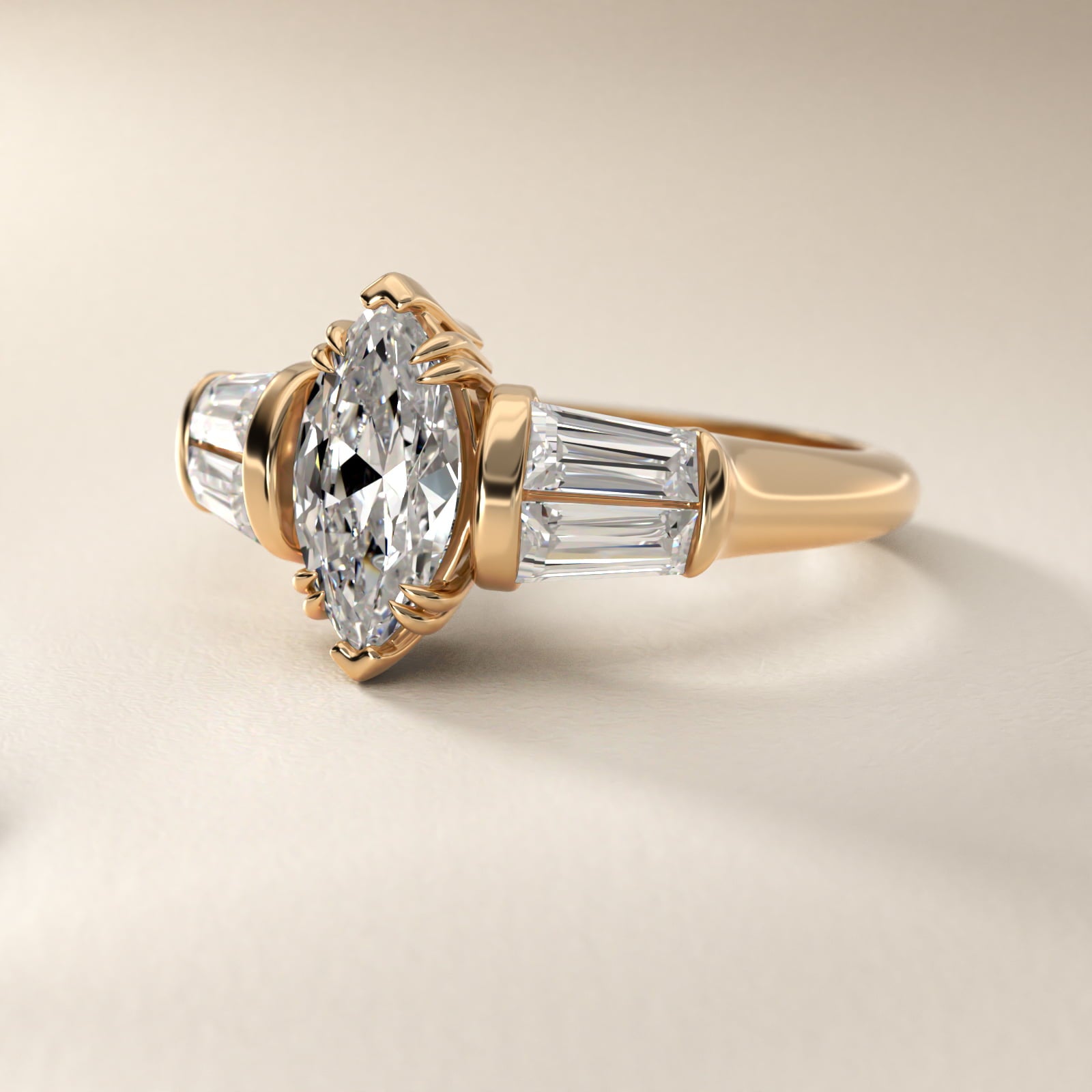 Five-Stone Tapered Baguette Diamond Engagement Ring in 14K Yellow Gold (3/4 ct. tw.) - Marquise Center