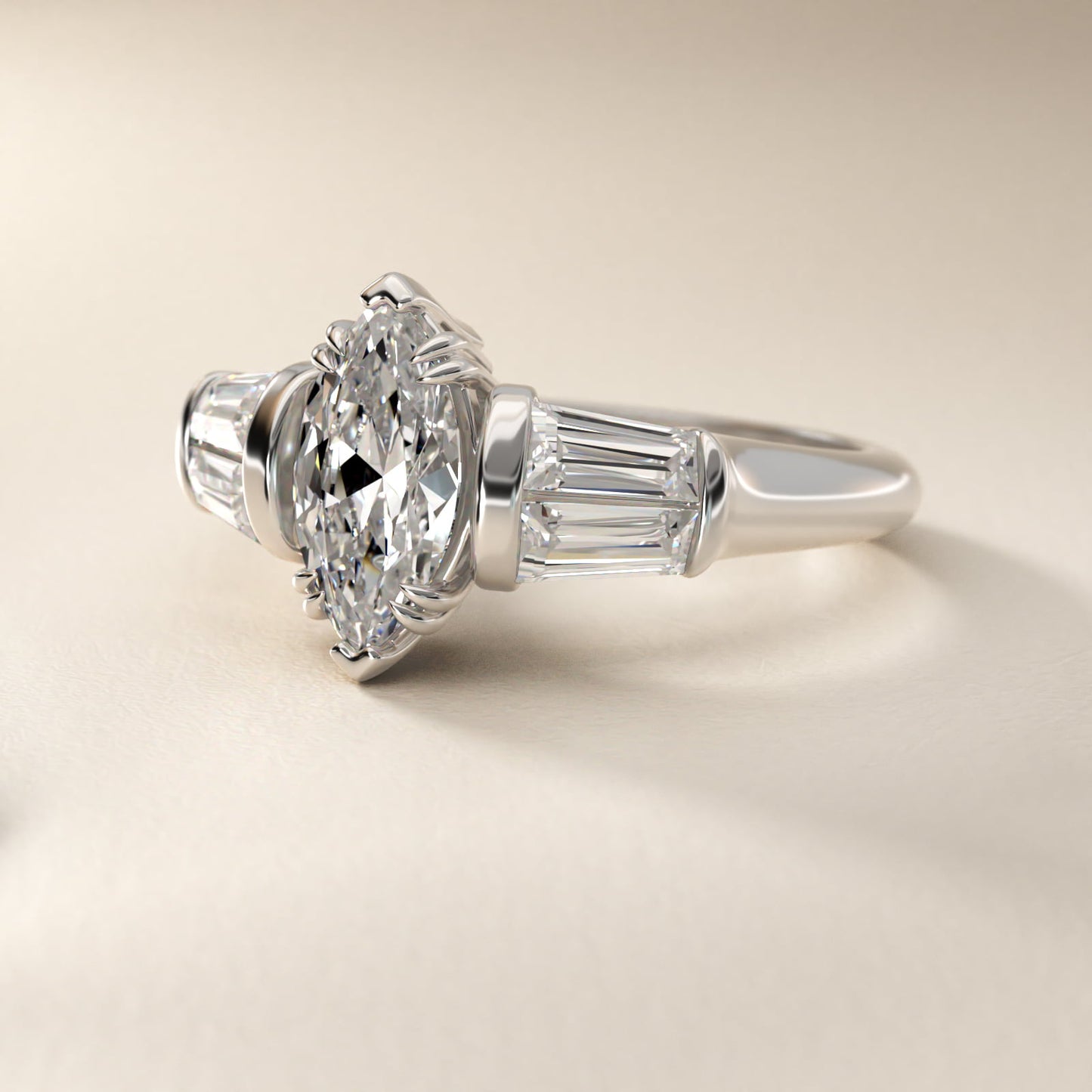 Five-Stone Tapered Baguette Diamond Engagement Ring in Platinum (3/4 ct. tw.) - Marquise Center
