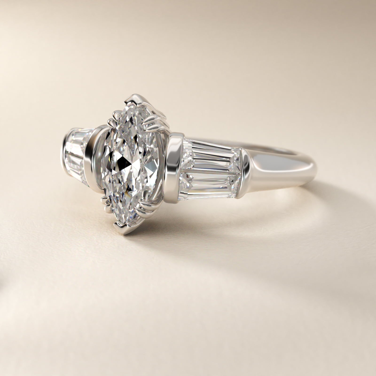 Five-Stone Tapered Baguette Diamond Engagement Ring in Platinum (3/4 ct. tw.) - Marquise Center