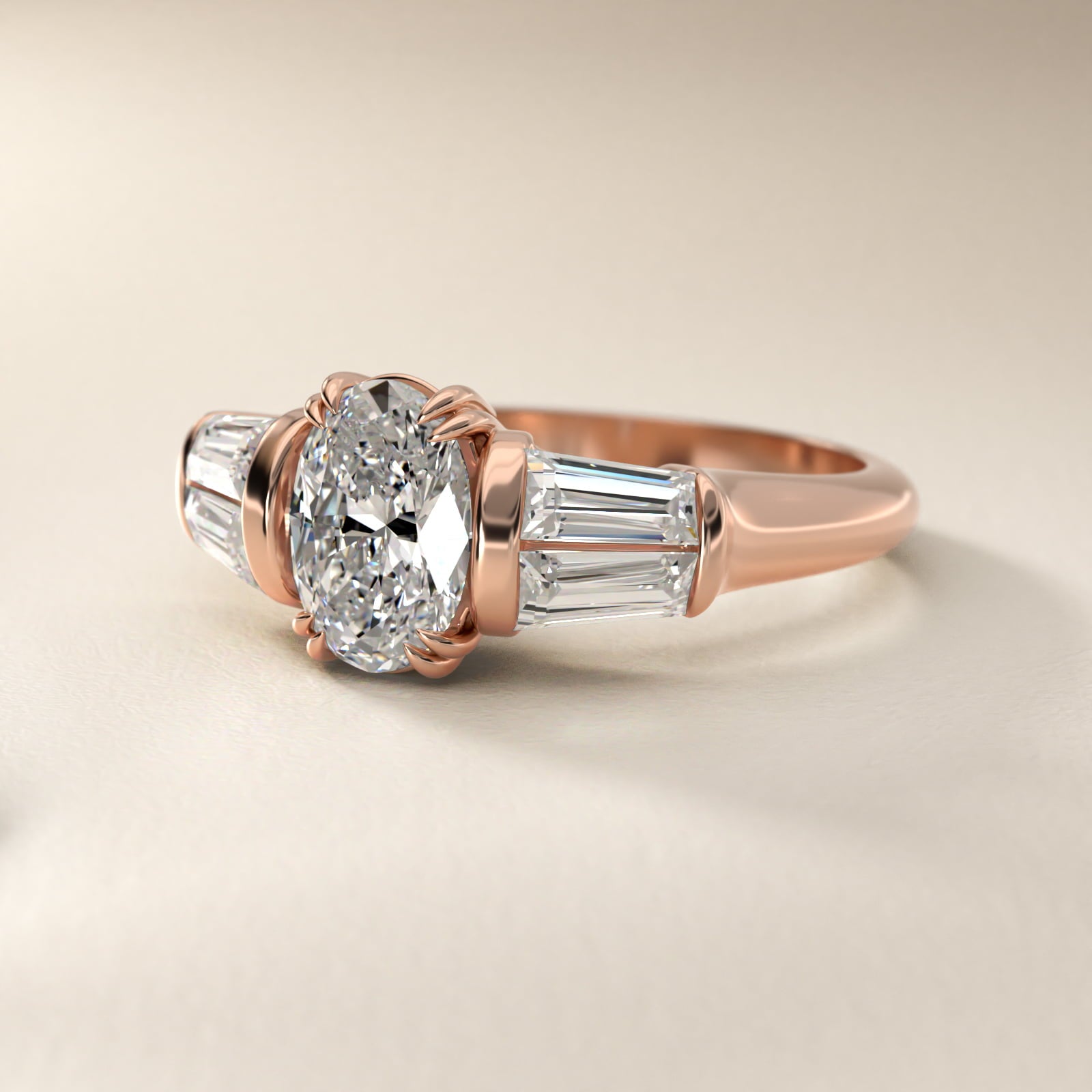 Five-Stone Tapered Baguette Diamond Engagement Ring in 18k Rose Gold (3/4 ct. tw.) - Oval Center
