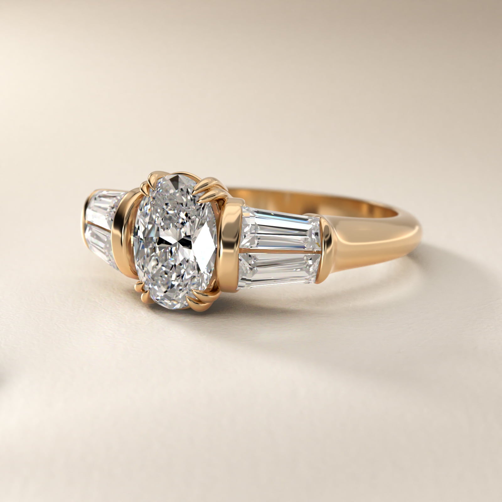 Five-Stone Tapered Baguette Diamond Engagement Ring in 14K Yellow Gold (3/4 ct. tw.) - Oval Center