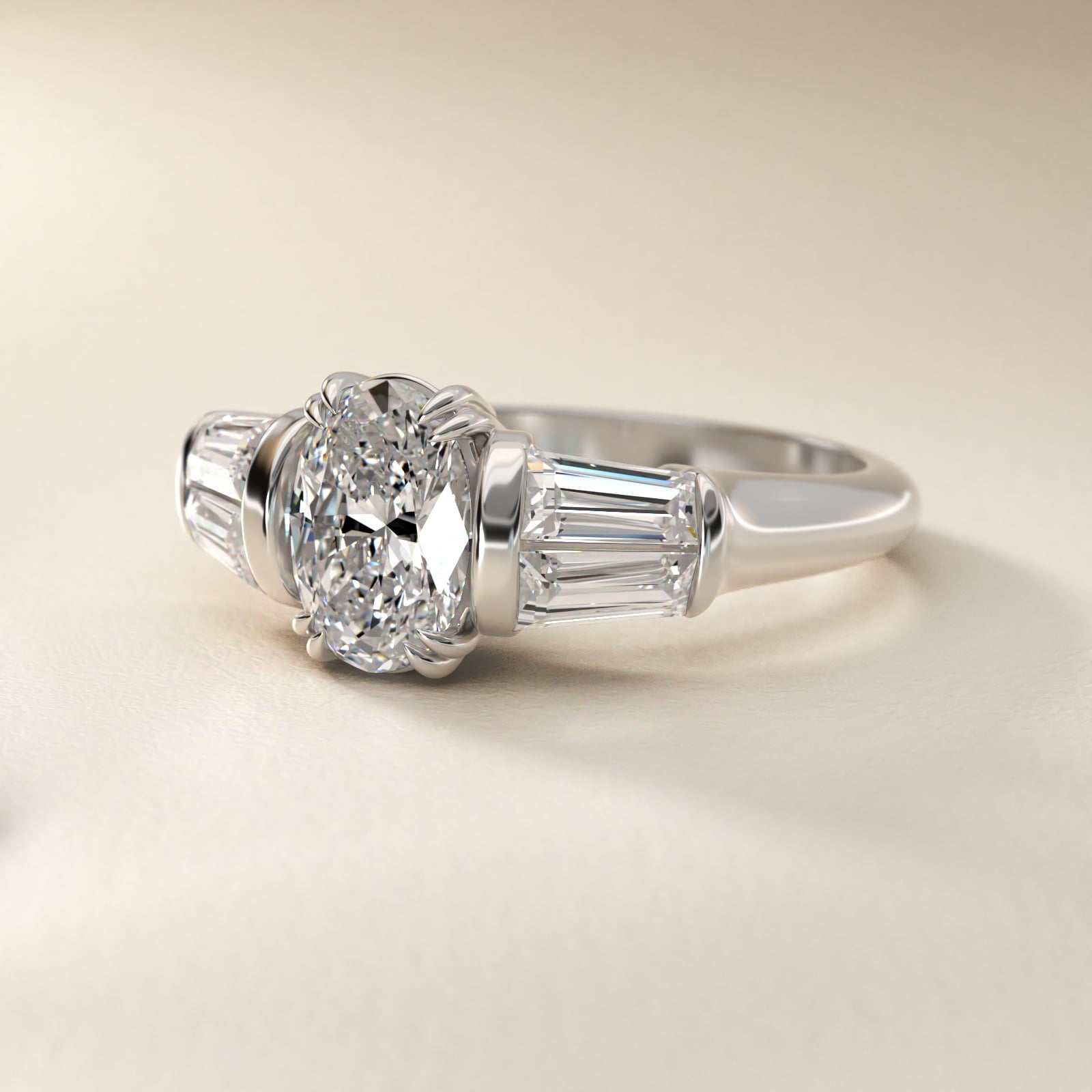 Five-Stone Tapered Baguette Diamond Engagement Ring in Platinum (3/4 ct. tw.) - Oval Center