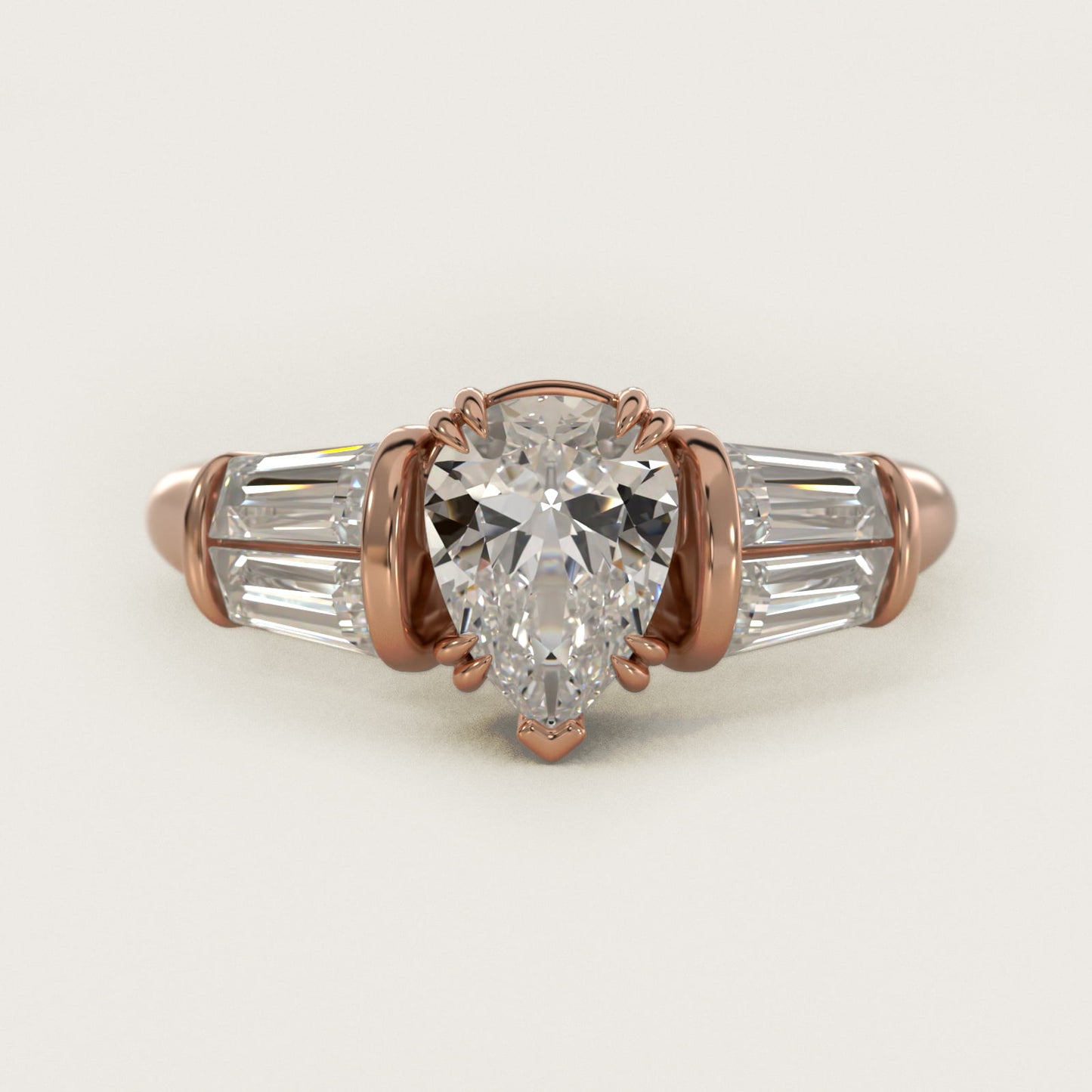 Five-Stone Tapered Baguette Diamond Engagement Ring in 18k Rose Gold (3/4 ct. tw.) - Pear Center