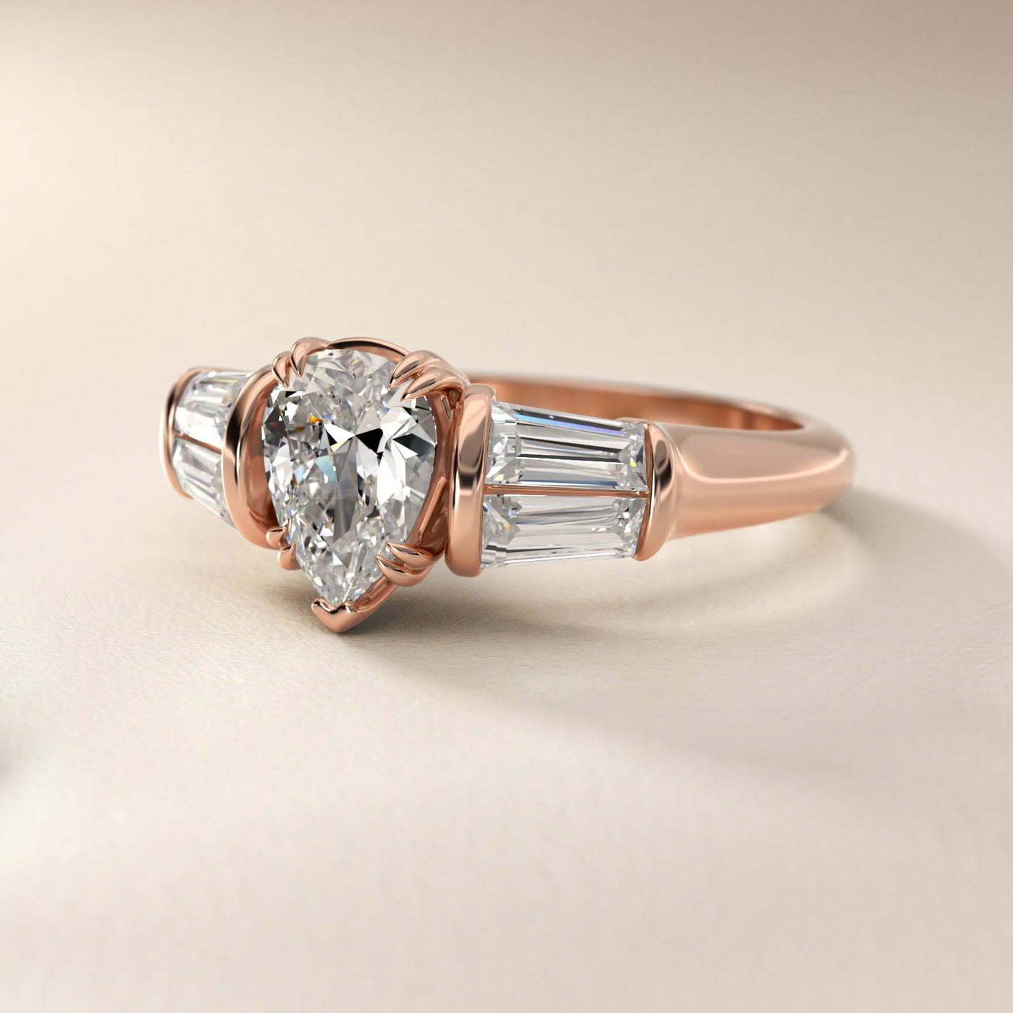 Five-Stone Tapered Baguette Diamond Engagement Ring in 14k Rose Gold (3/4 ct. tw.) - Pear Center