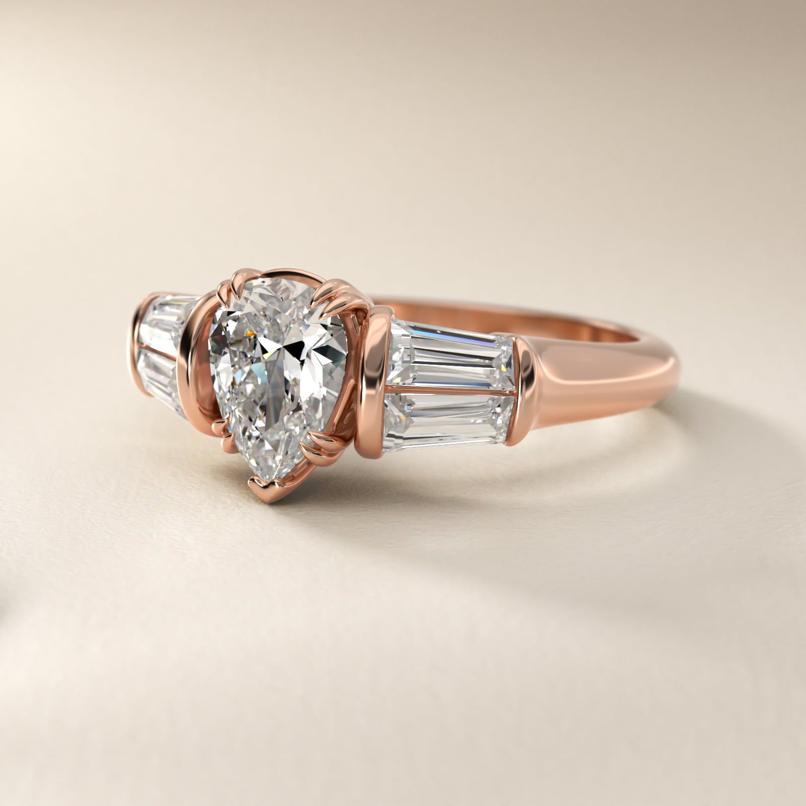 Five-Stone Tapered Baguette Diamond Engagement Ring in 18k Rose Gold (3/4 ct. tw.) - Pear Center