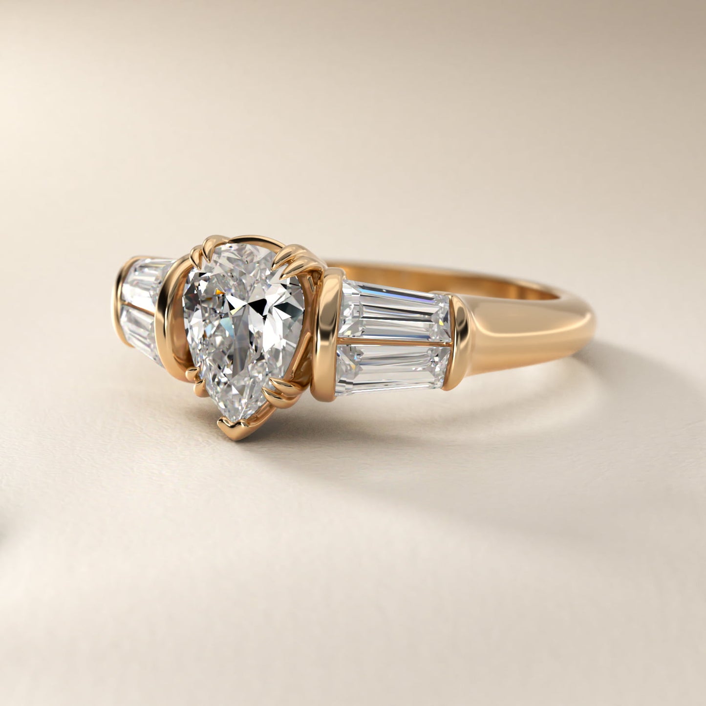 Five-Stone Tapered Baguette Diamond Engagement Ring in 18k Yellow Gold (3/4 ct. tw.) - Pear Center