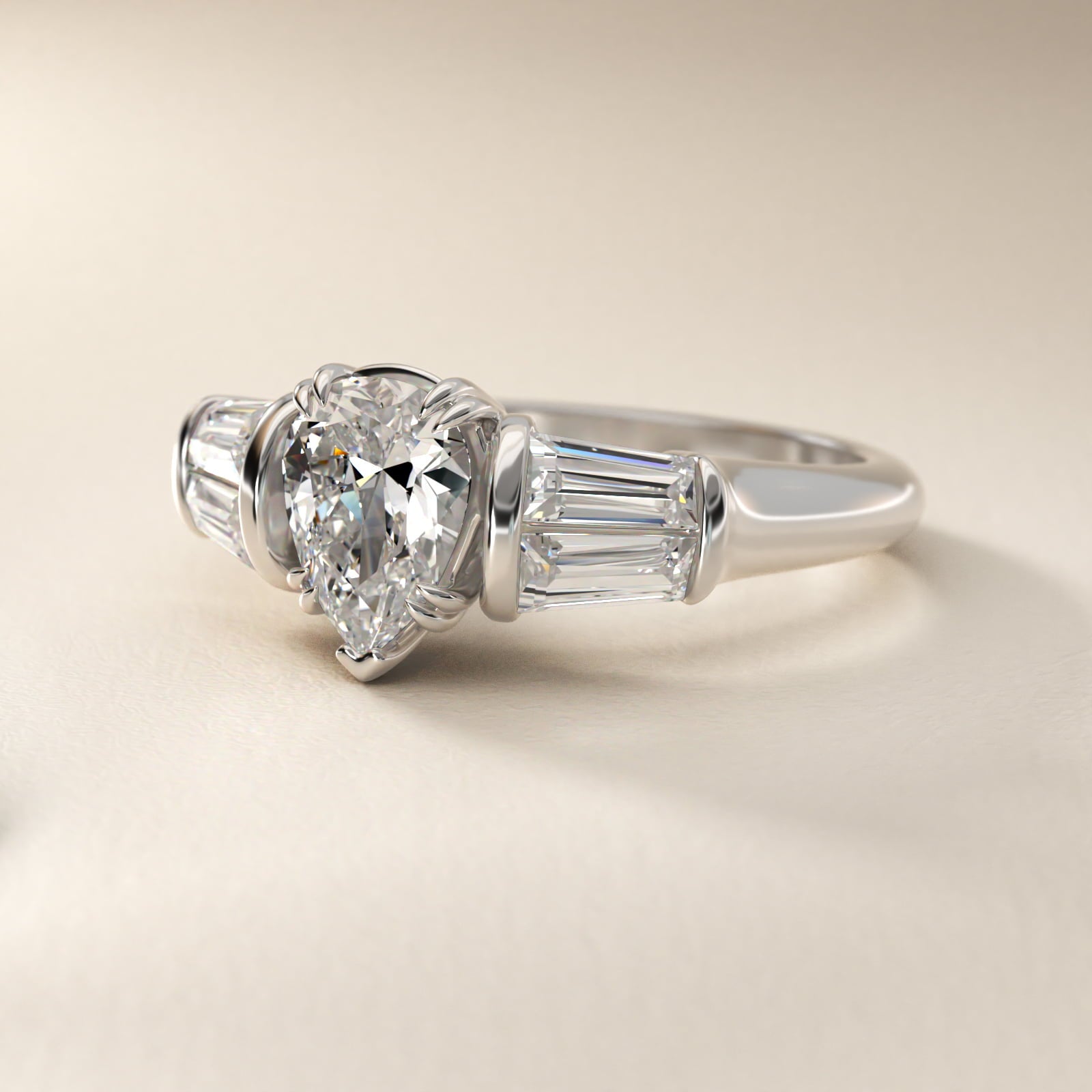 Five-Stone Tapered Baguette Diamond Engagement Ring in Platinum (3/4 ct. tw.) - Pear Center
