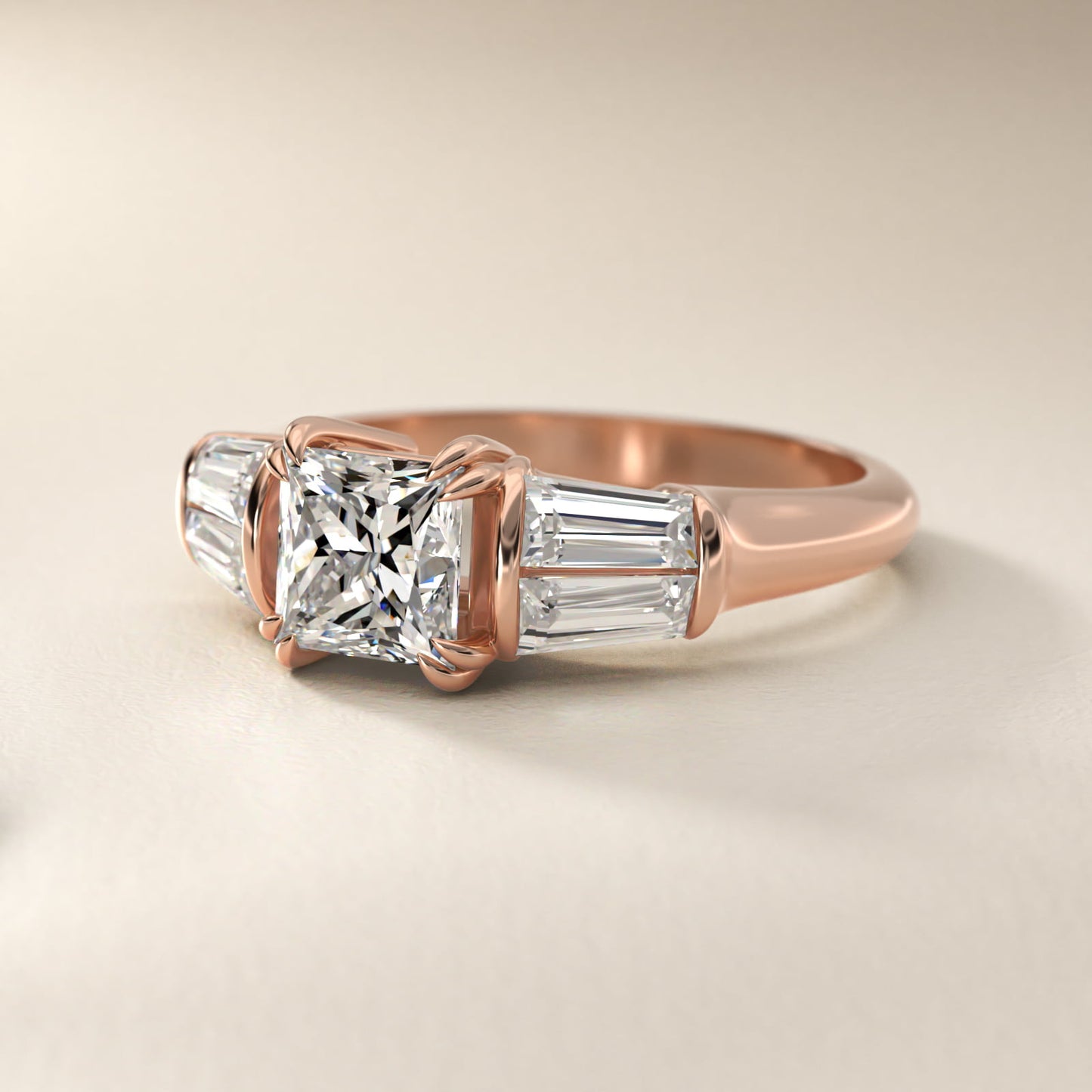 Five-Stone Tapered Baguette Diamond Engagement Ring in 14k Rose Gold (3/4 ct. tw.) - Princess Center