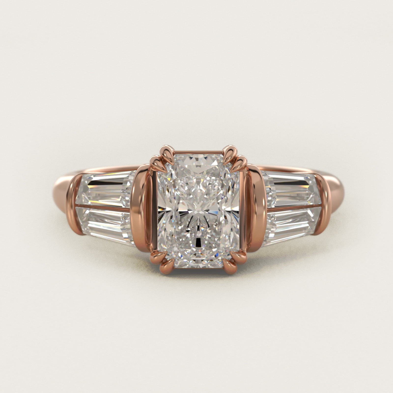 Five-Stone Tapered Baguette Diamond Engagement Ring in 14k Rose Gold (3/4 ct. tw.) - Radiant Center