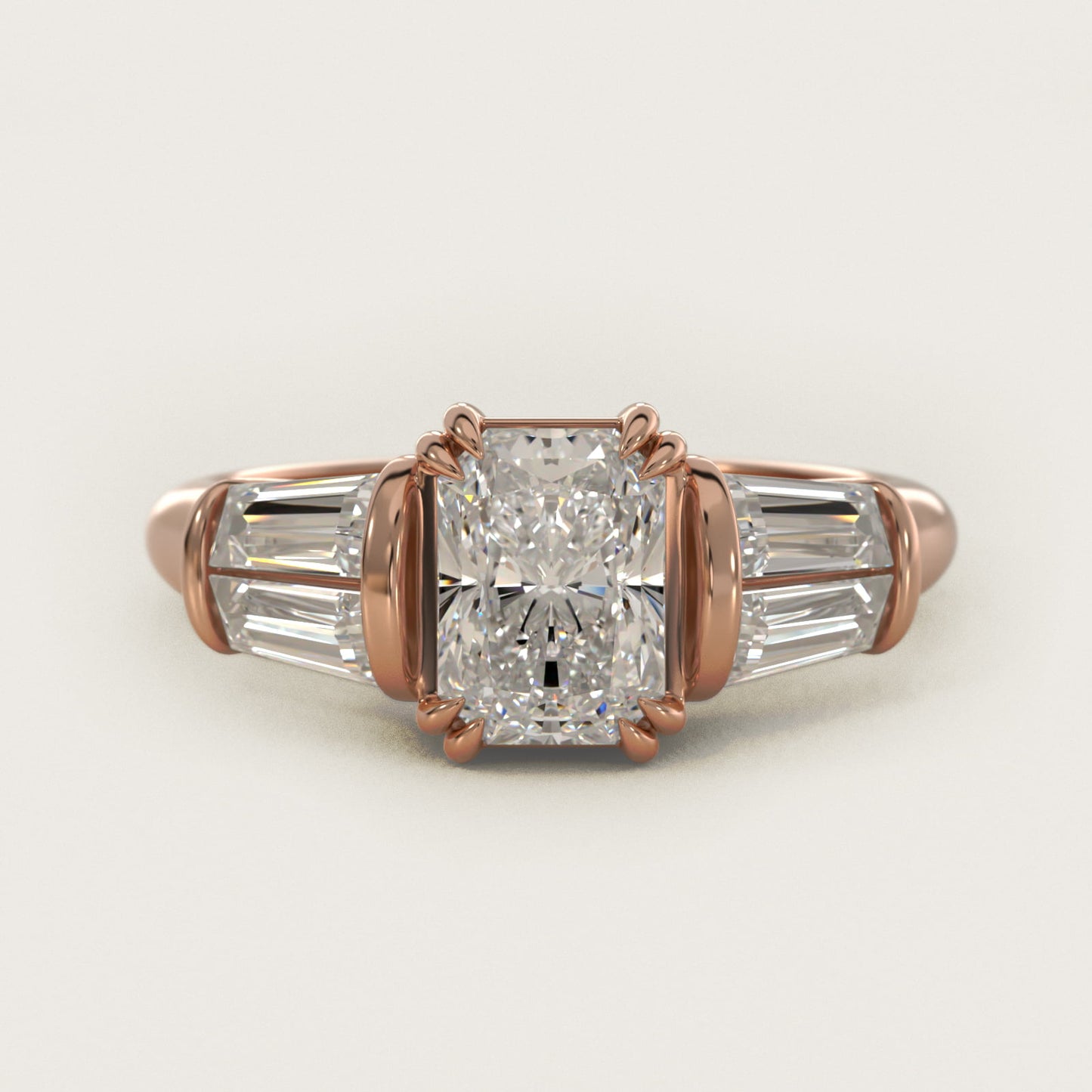 Five-Stone Tapered Baguette Diamond Engagement Ring in 18k Rose Gold (3/4 ct. tw.) - Radiant Center