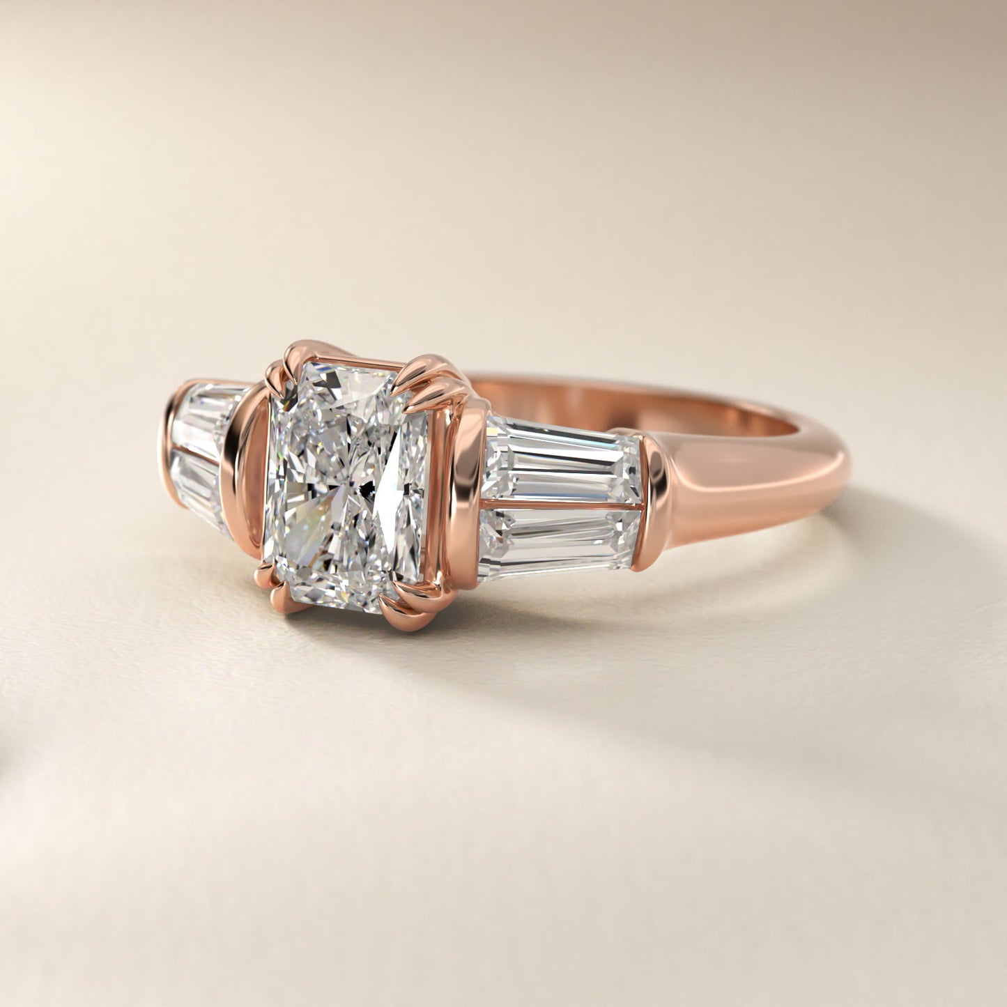 Five-Stone Tapered Baguette Diamond Engagement Ring in 18k Rose Gold (3/4 ct. tw.) - Radiant Center