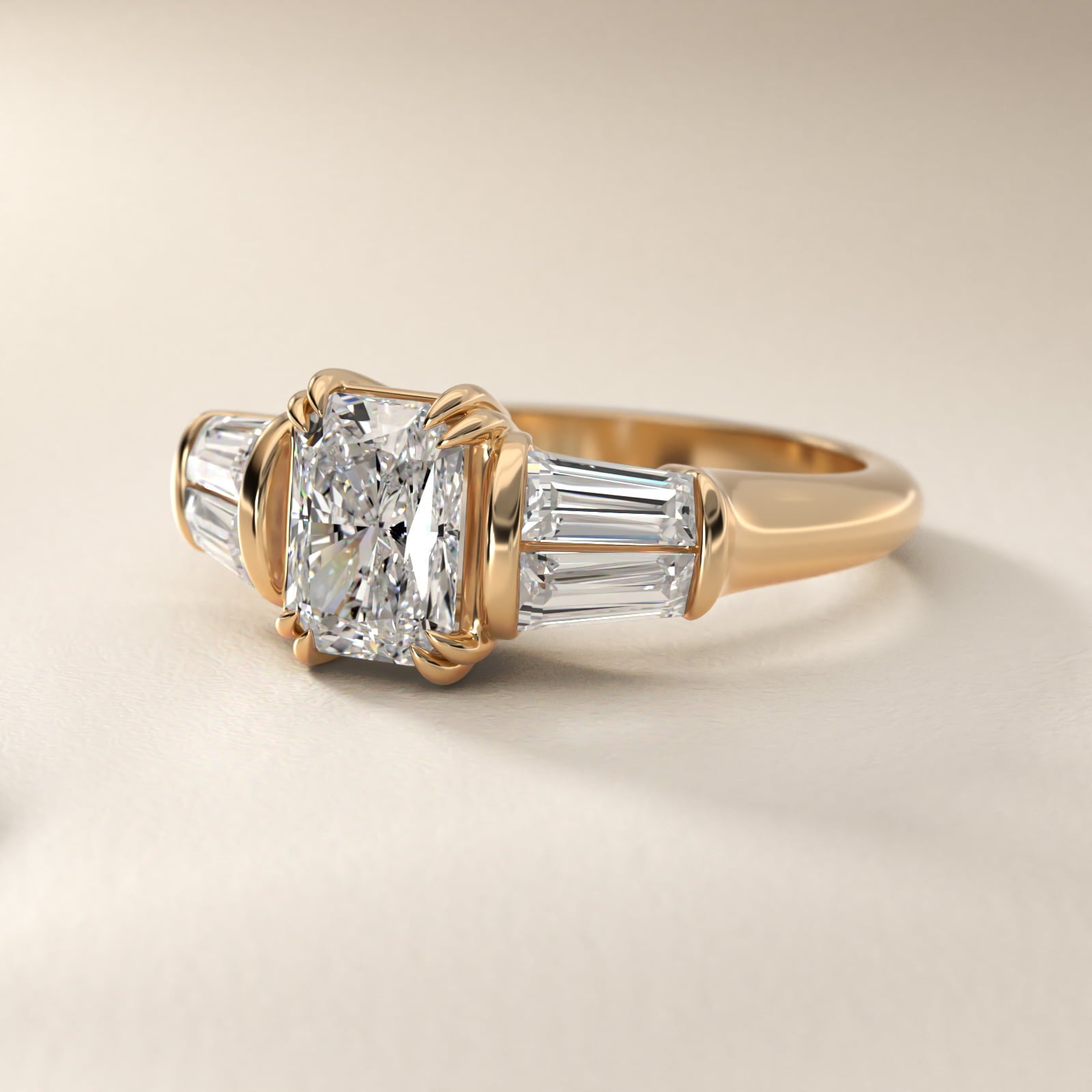 Five-Stone Tapered Baguette Diamond Engagement Ring in 14K Yellow Gold (3/4 ct. tw.) - Radiant Center