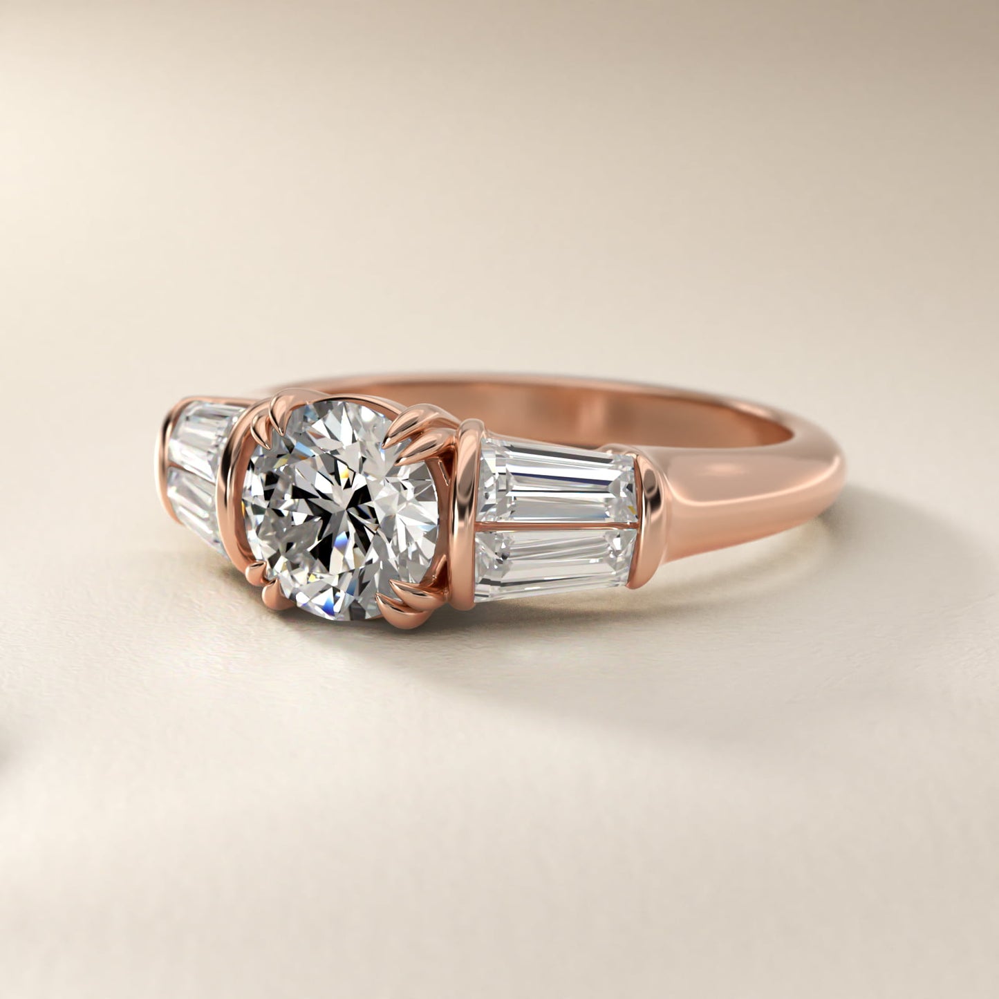 Five-Stone Tapered Baguette Diamond Engagement Ring in 18k Rose Gold (3/4 ct. tw.) - Round Center