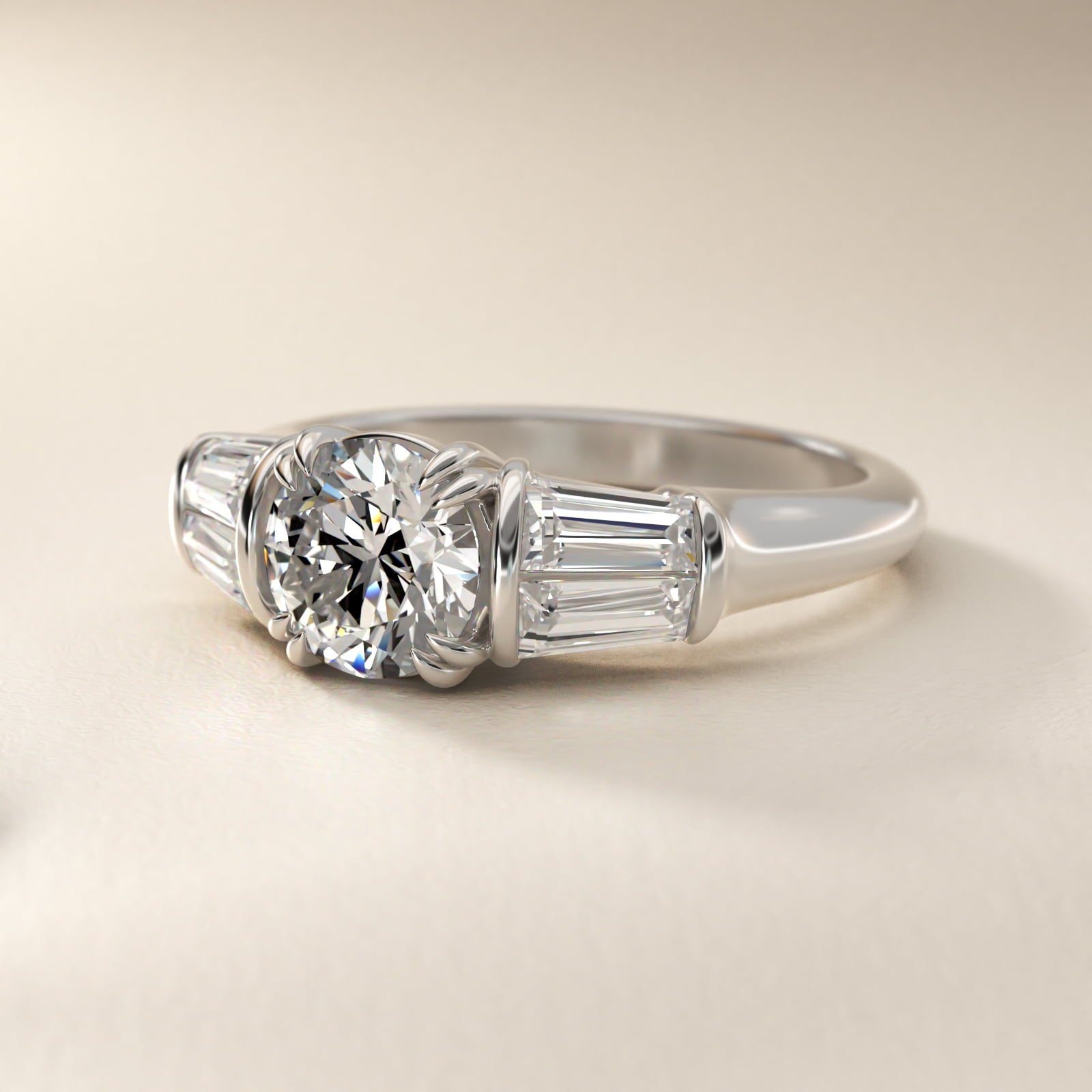 Five-Stone Tapered Baguette Diamond Engagement Ring in Platinum (3/4 ct. tw.) - Round Center