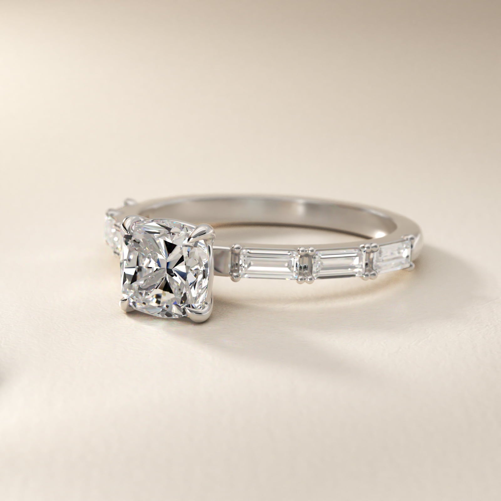 Floating Diamond Line Side Stone Engagement Ring In Platinum By James Allen - Cushion Center