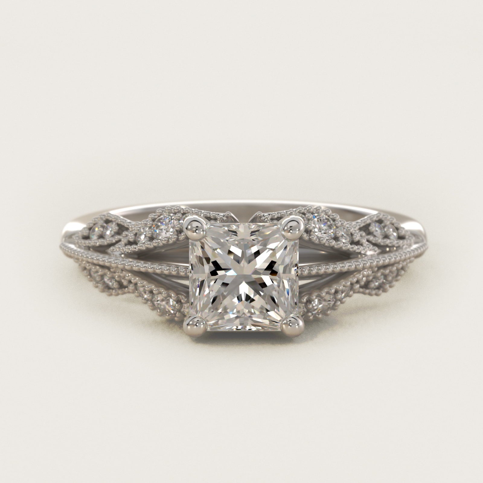 Floral Bouquet Vintage-Style Engagement Ring In 18K White Gold By James Allen - Princess Center