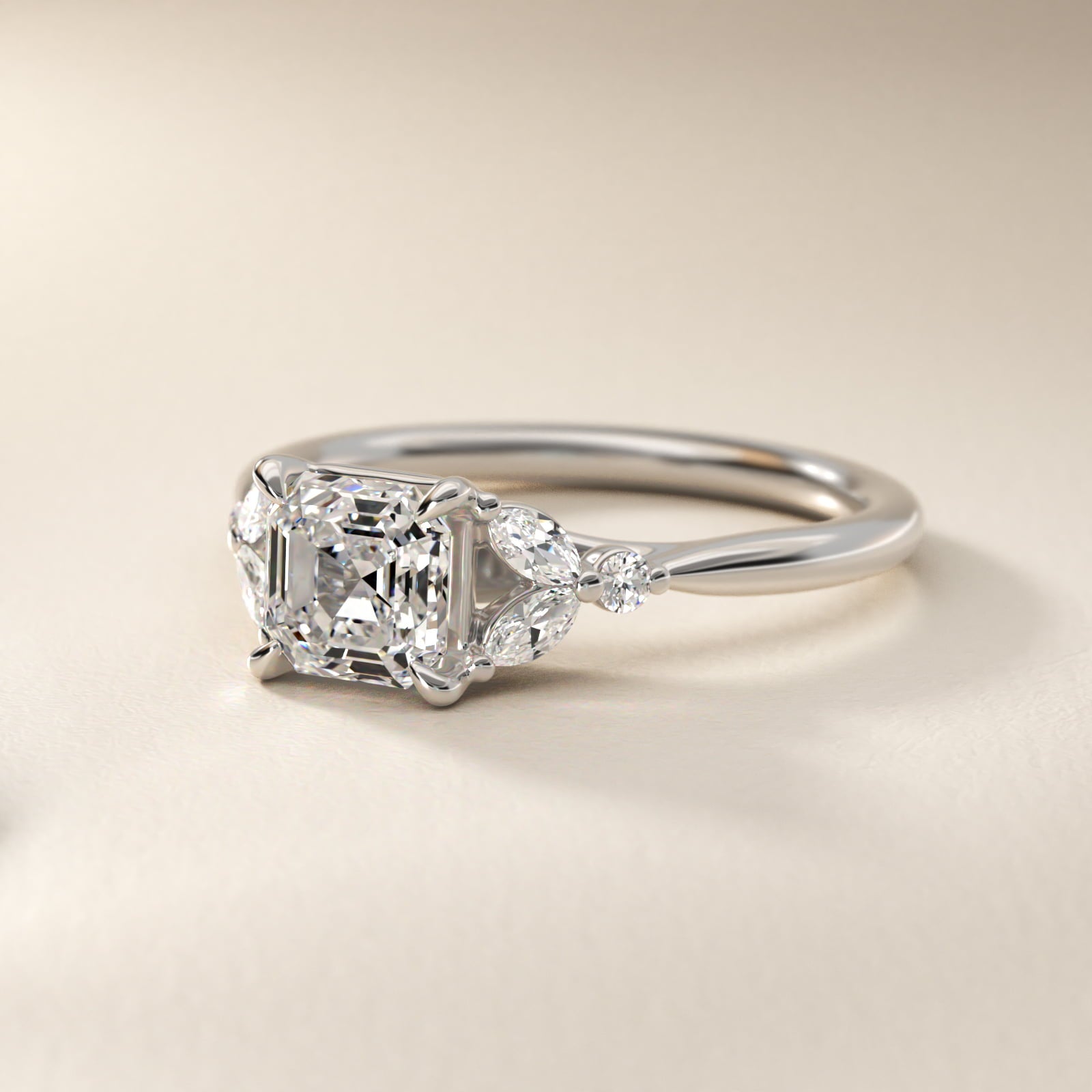 Floral Marquise Diamond Engagement Ring in 18k White Gold - Asscher Center