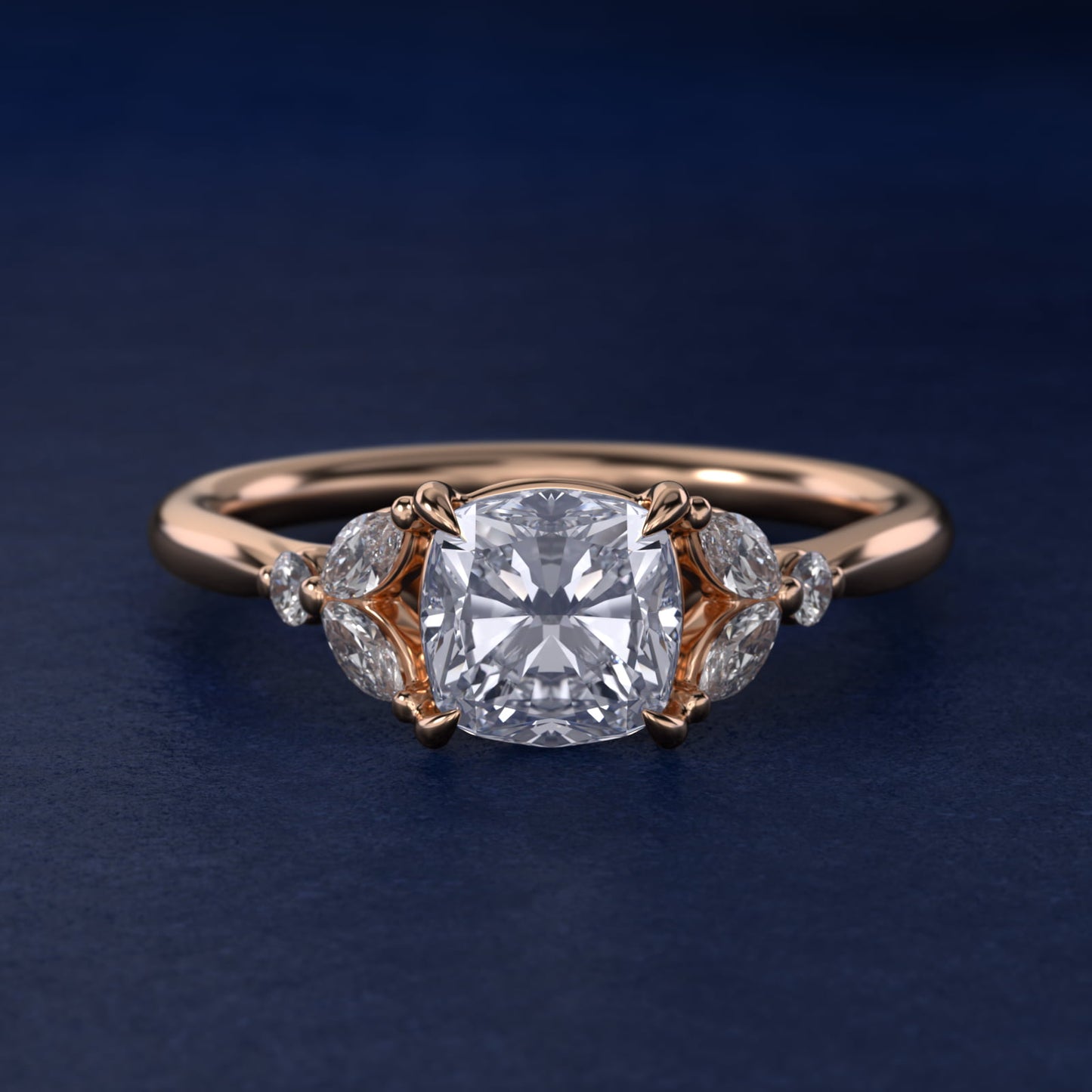 Floral Marquise Diamond Engagement Ring in 14k Rose Gold - Cushion Center