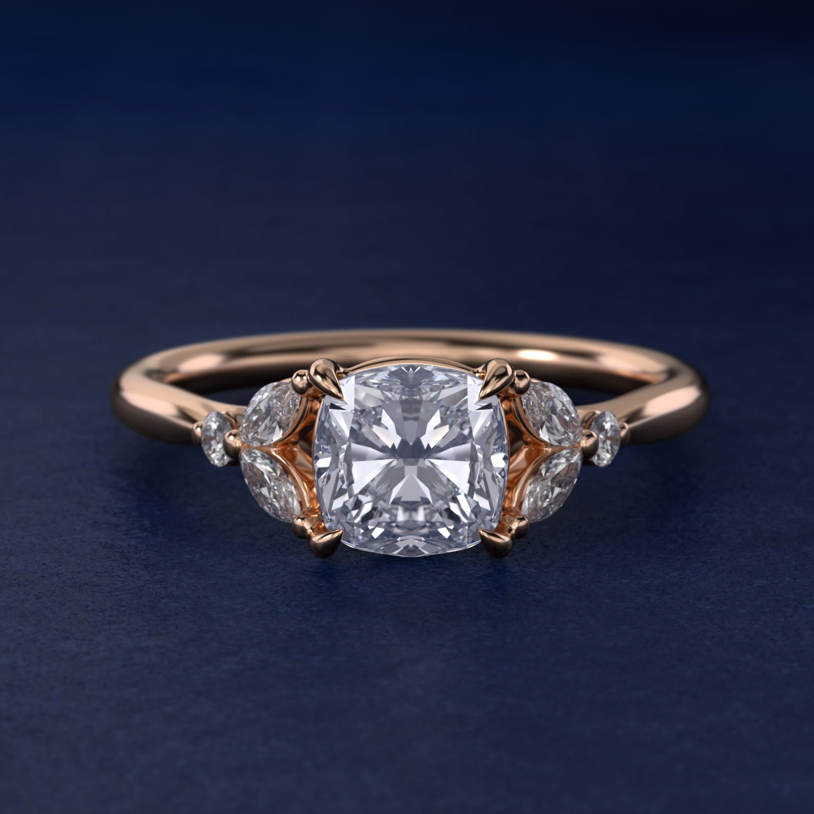 Floral Marquise Diamond Engagement Ring in 14k Rose Gold - Cushion Center
