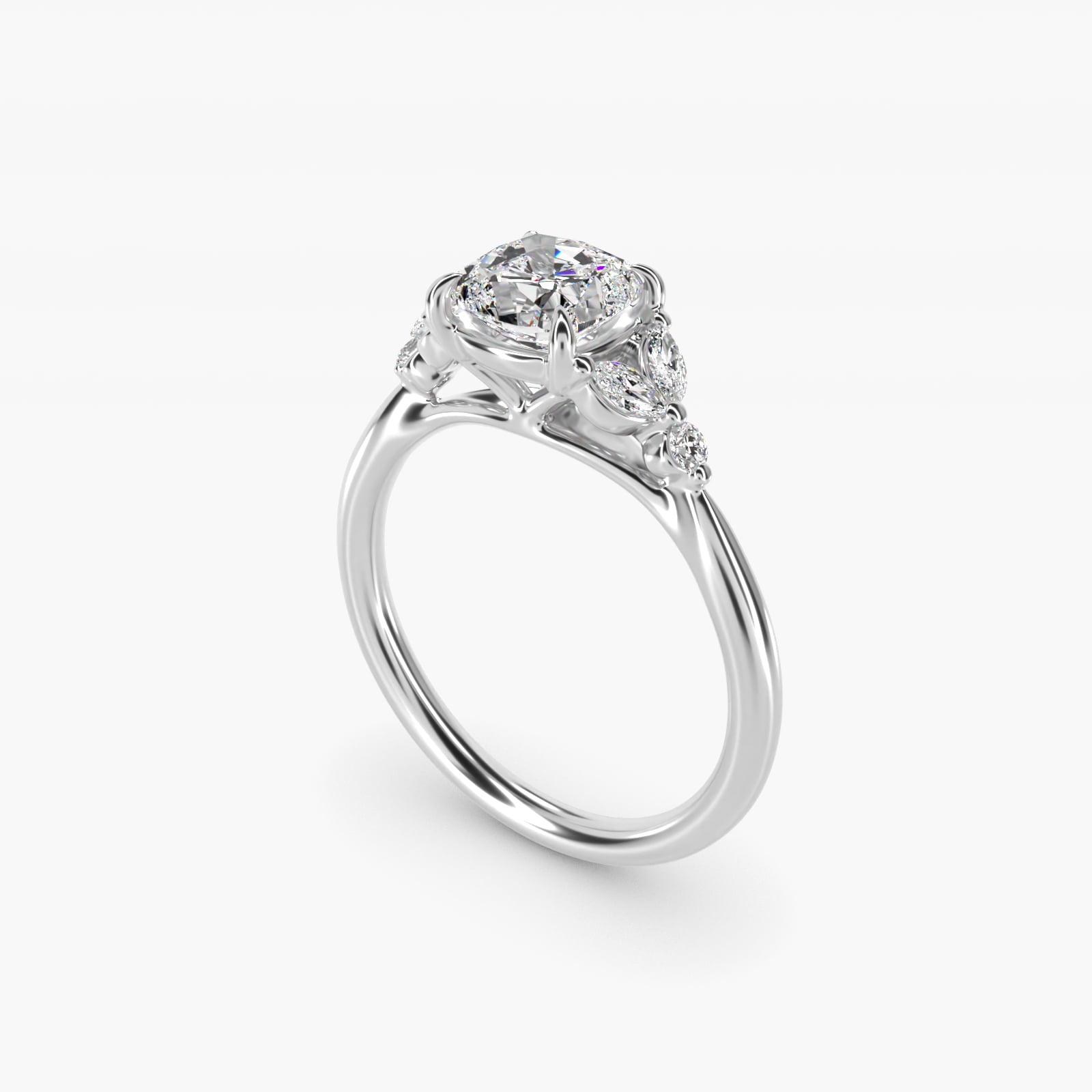Floral Marquise Diamond Engagement Ring in 18k White Gold - Cushion Center