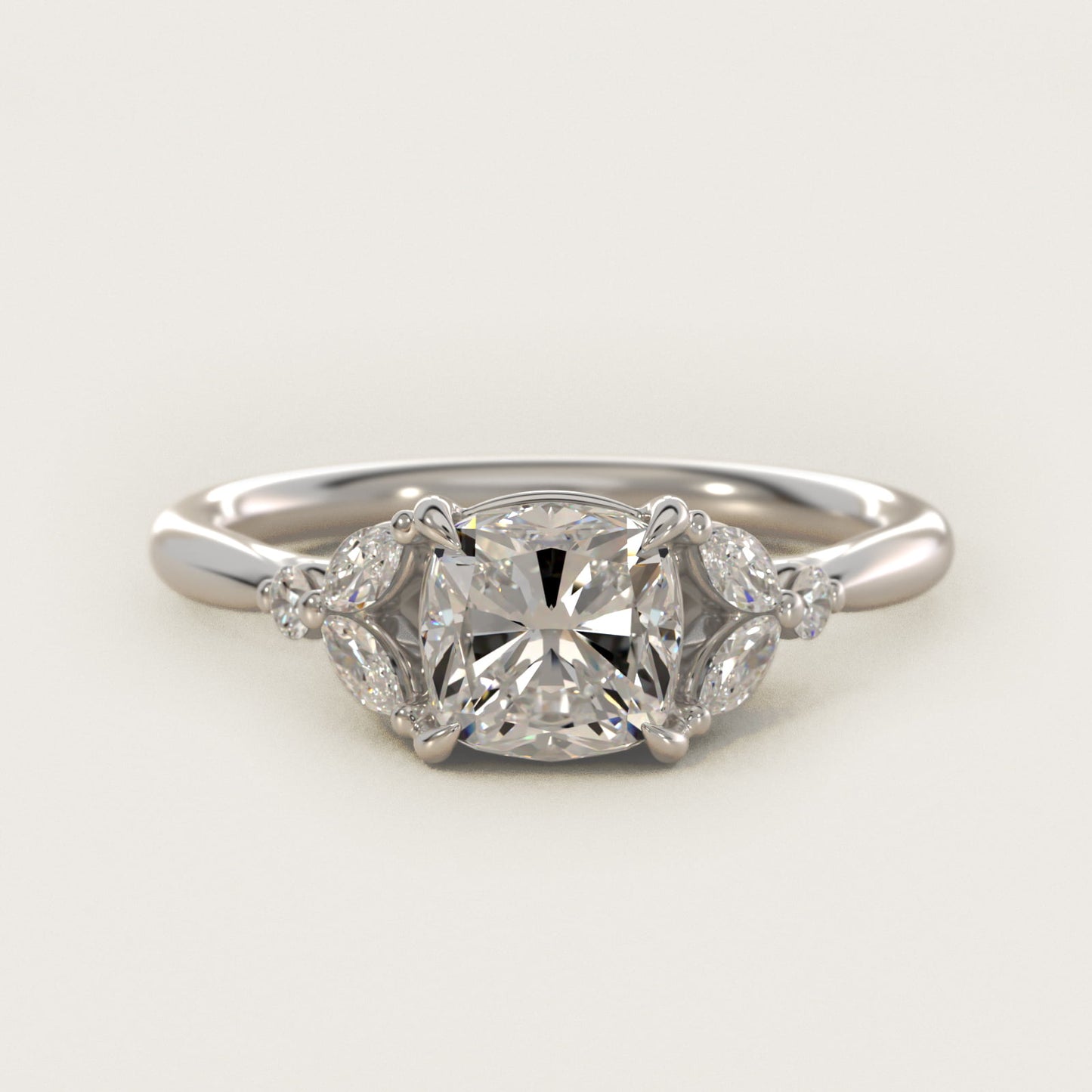 Floral Marquise Diamond Engagement Ring in 18k White Gold - Cushion Center