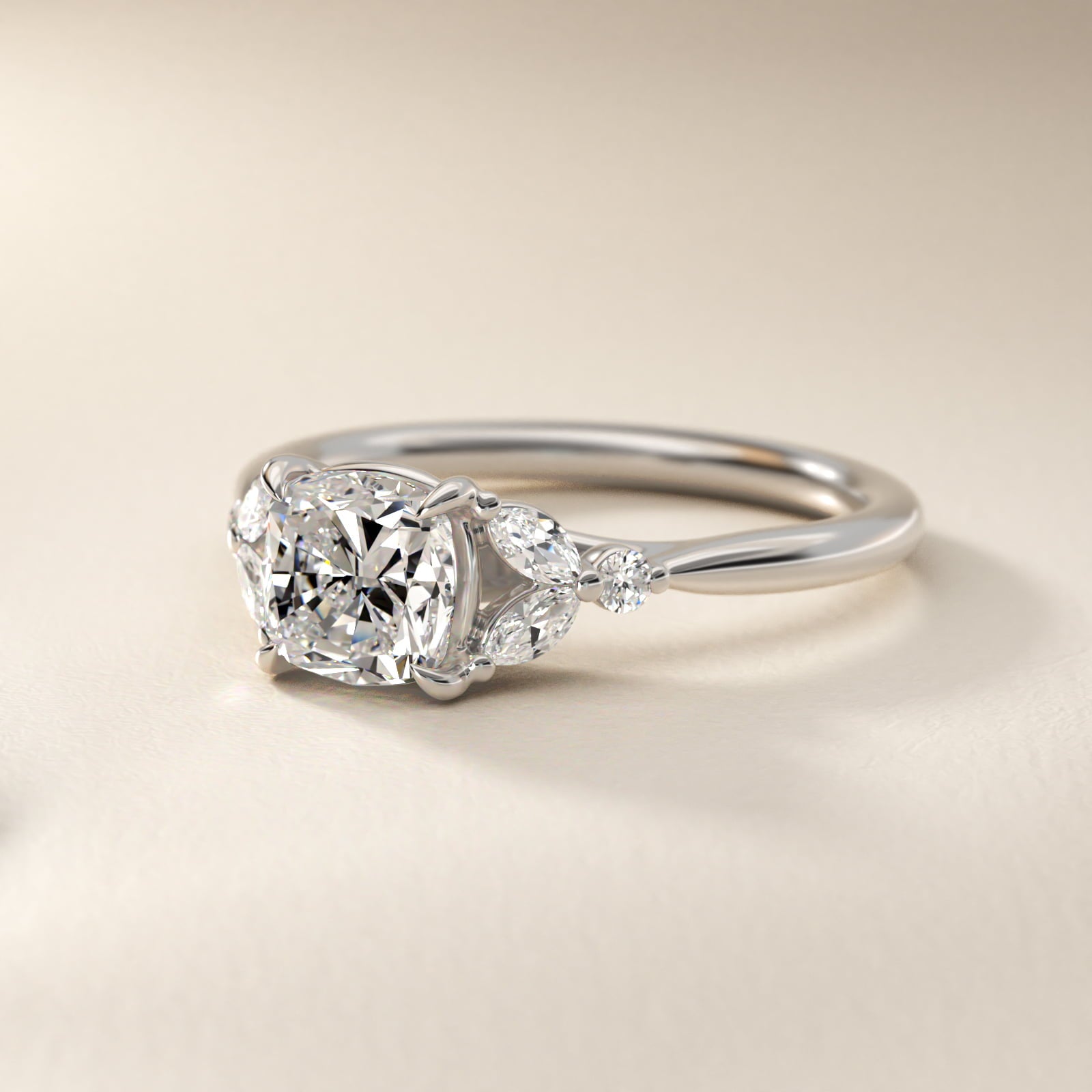 Floral Marquise Diamond Engagement Ring in 18k White Gold - Cushion Center