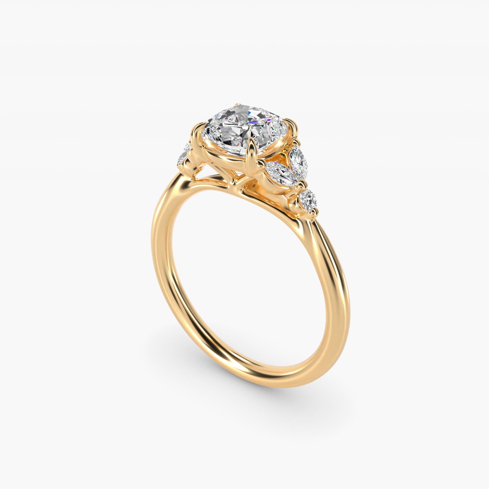 Floral Marquise Diamond Engagement Ring in 18k Yellow Gold - Cushion Center