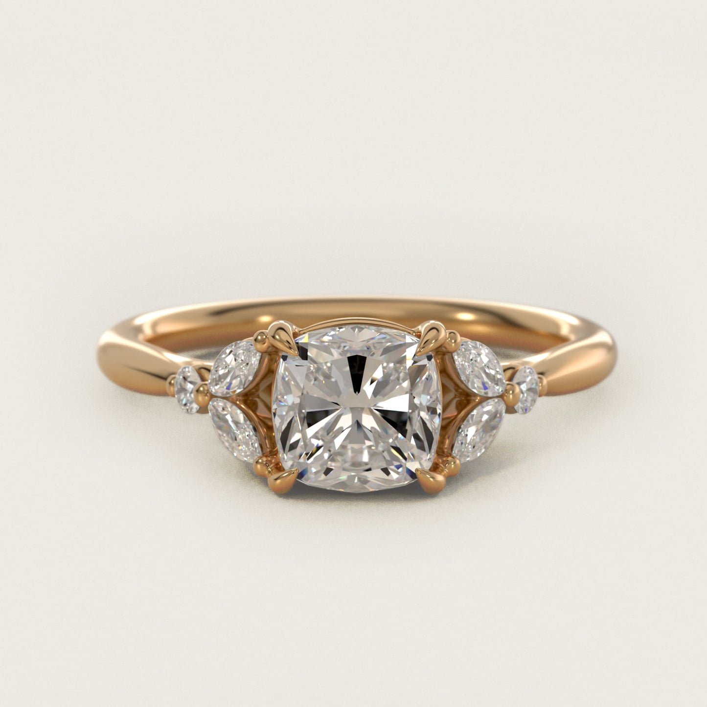 Floral Marquise Diamond Engagement Ring in 18k Yellow Gold - Cushion Center