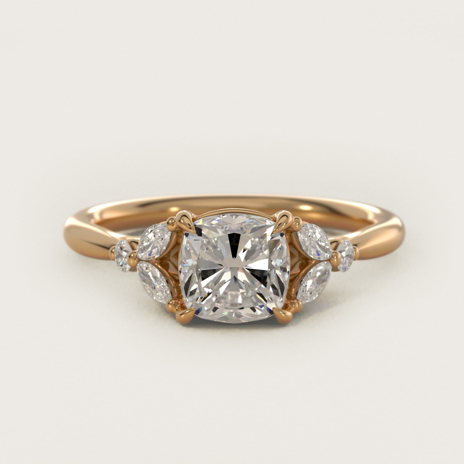 Floral Marquise Diamond Engagement Ring in 18k Yellow Gold - Cushion Center