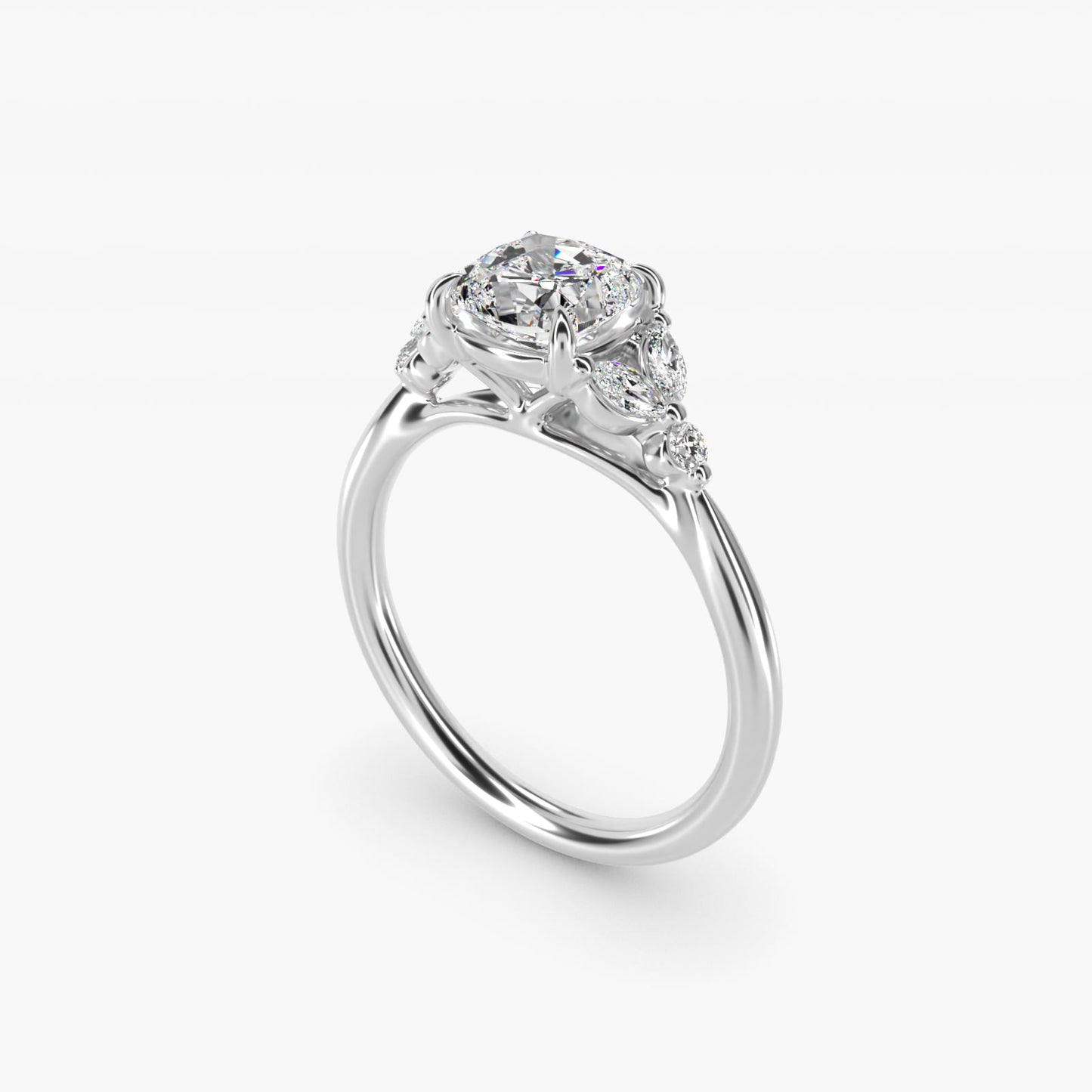 Floral Marquise Diamond Engagement Ring in Platinum - Cushion Center