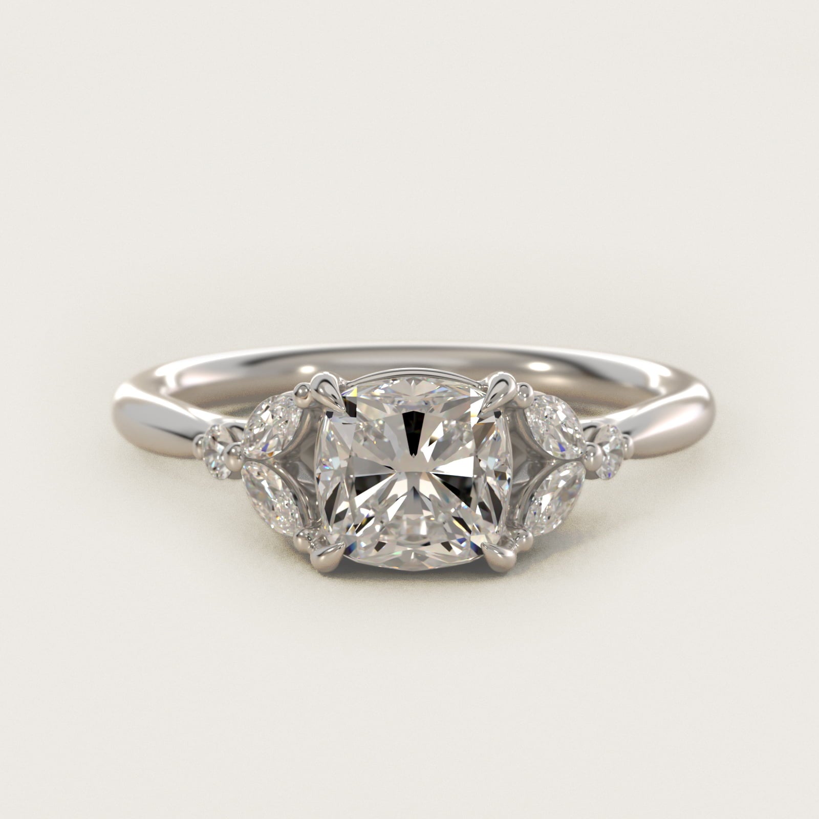 Floral Marquise Diamond Engagement Ring in Platinum - Cushion Center