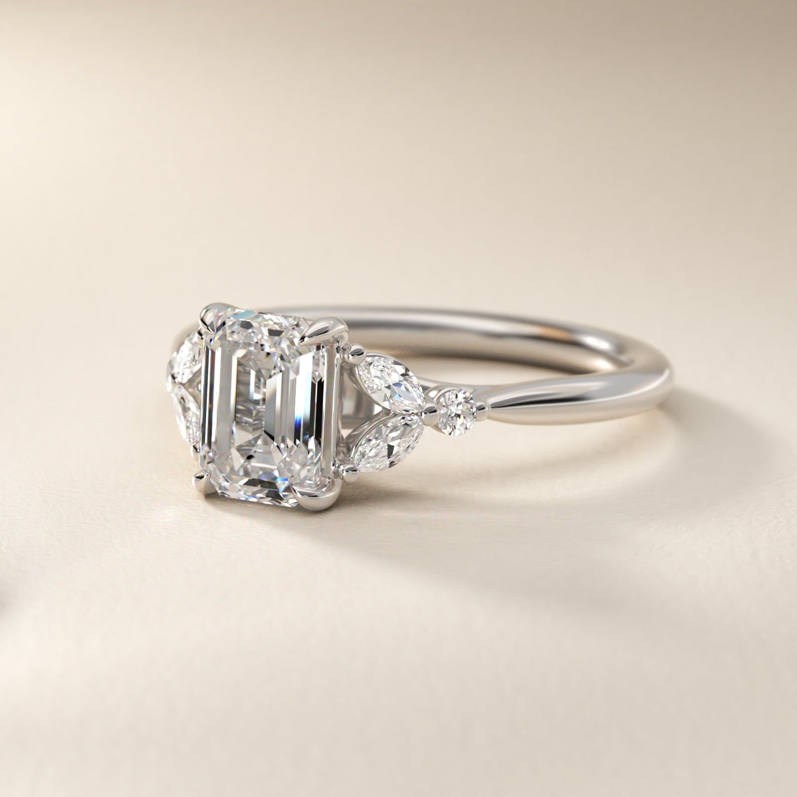 Floral Marquise Diamond Engagement Ring in 18k White Gold - Emerald Center