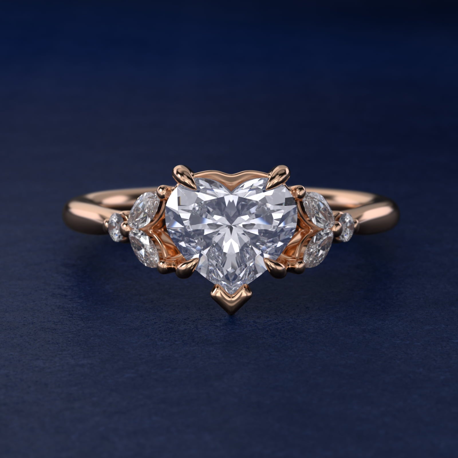 Floral Marquise Diamond Engagement Ring in 14k Rose Gold - Heart Center
