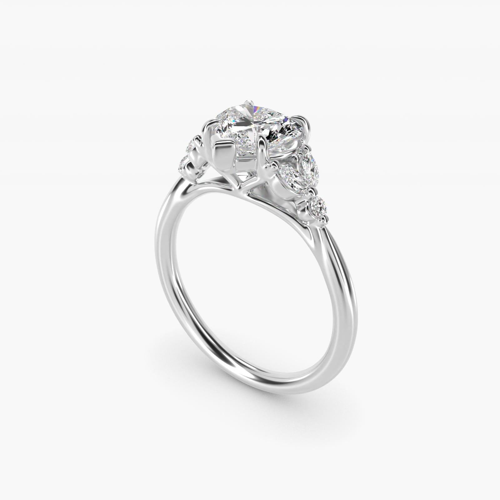 Floral Marquise Diamond Engagement Ring in 14k White Gold - Heart Center
