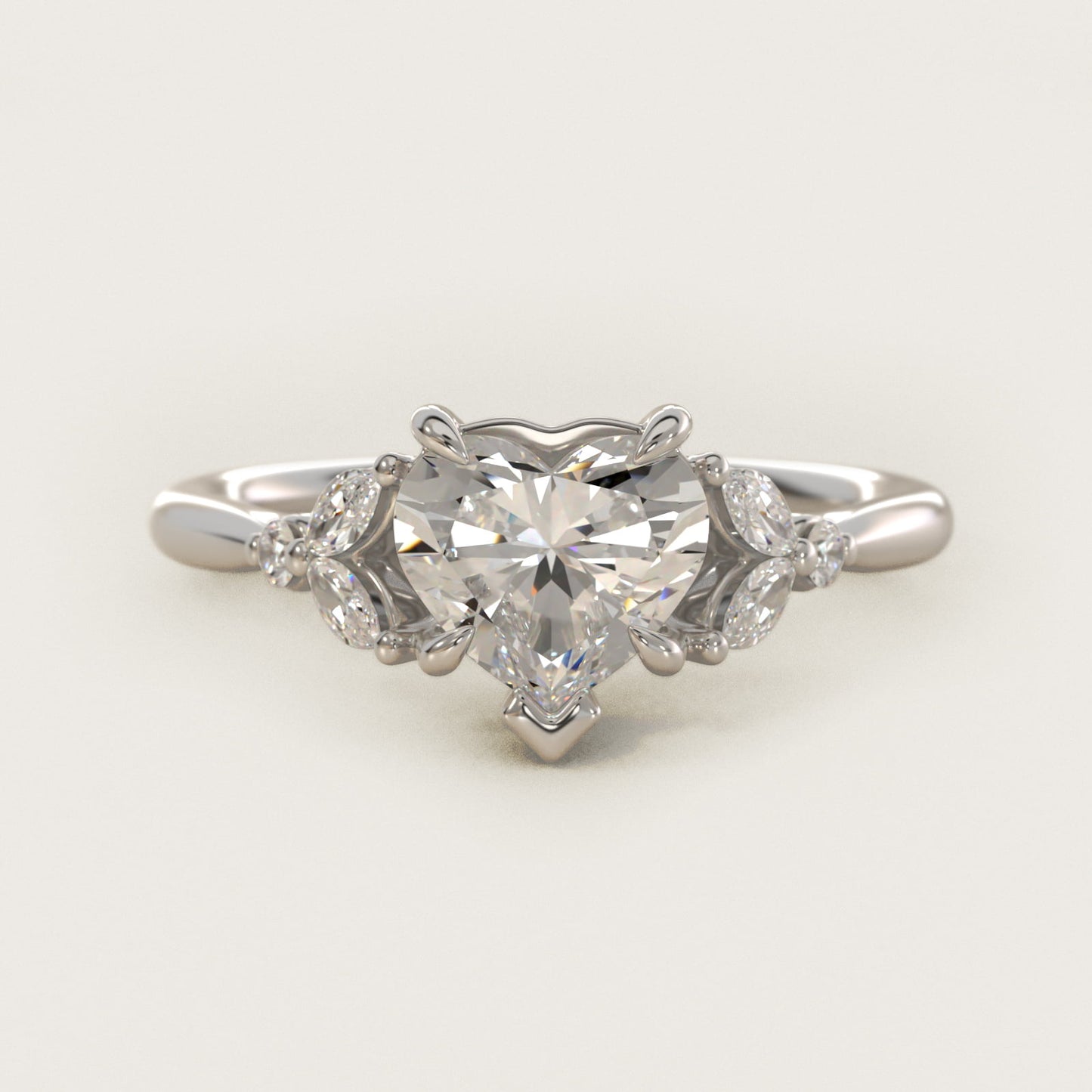 Floral Marquise Diamond Engagement Ring in 14k White Gold - Heart Center