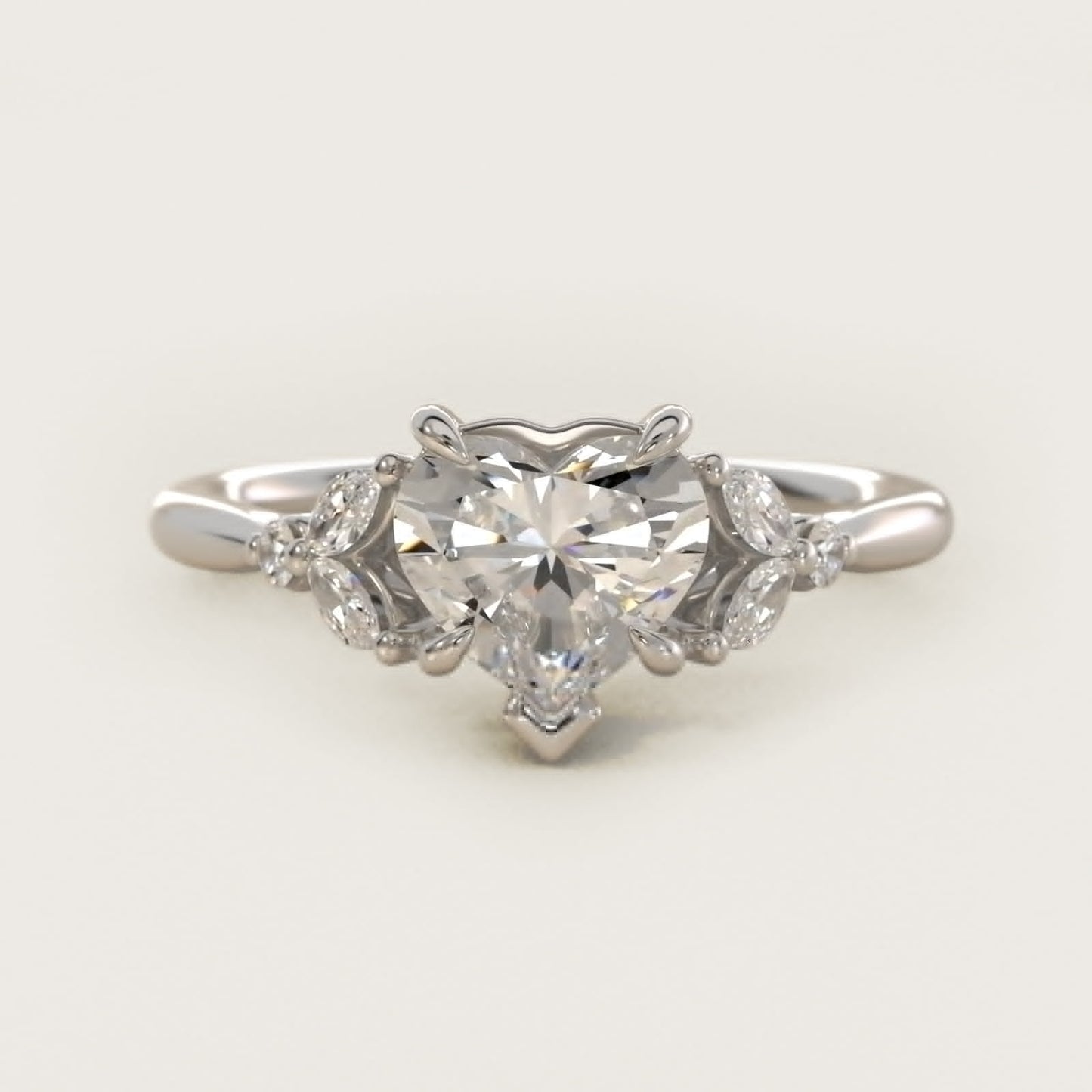 Floral Marquise Diamond Engagement Ring in 18k White Gold - Heart Center