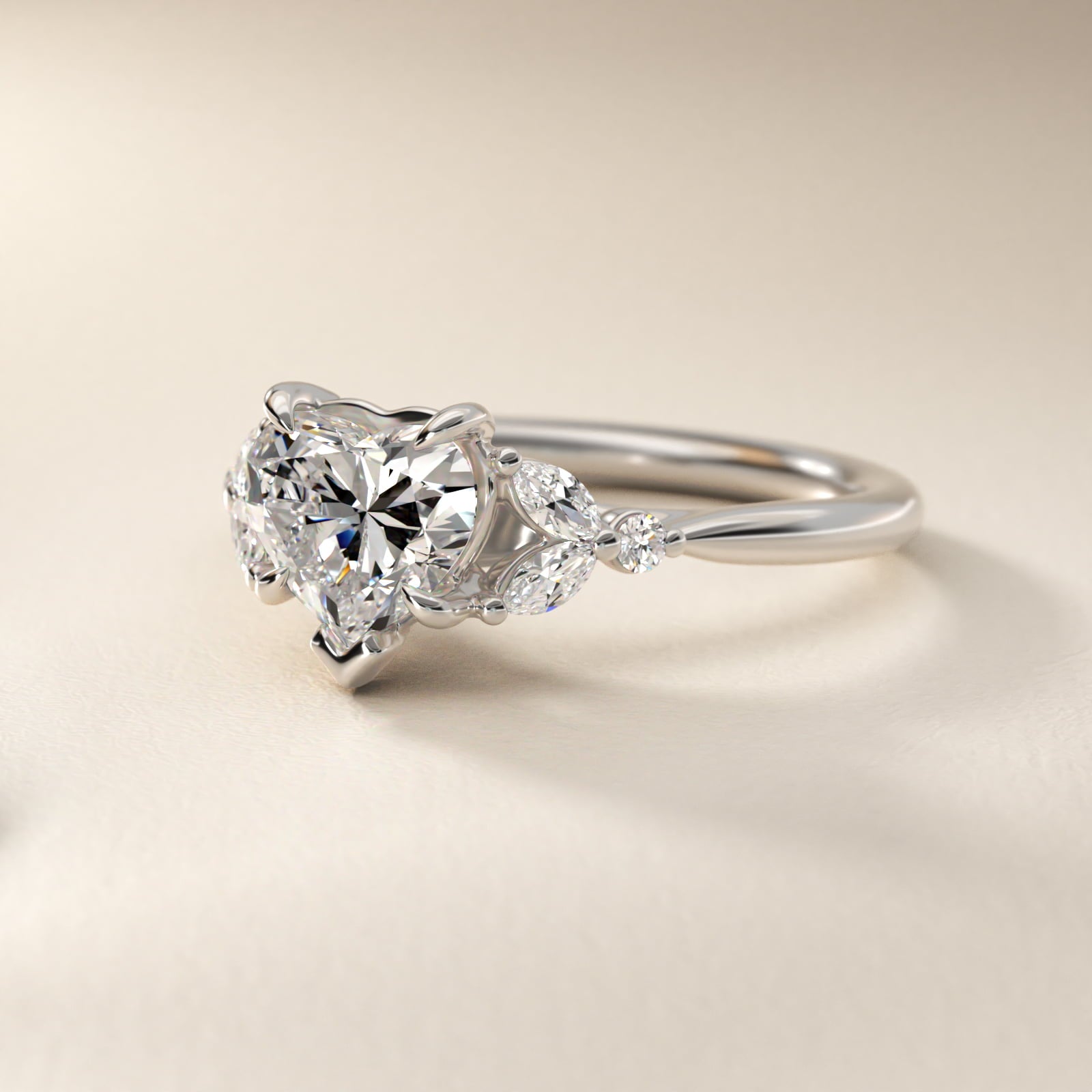 Floral Marquise Diamond Engagement Ring in 14k White Gold - Heart Center