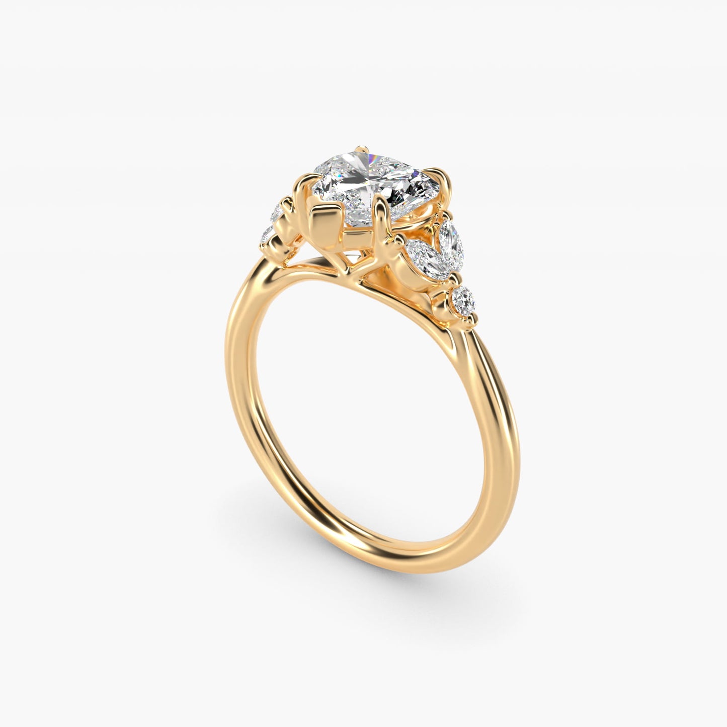Floral Marquise Diamond Engagement Ring in 18k Yellow Gold - Heart Center