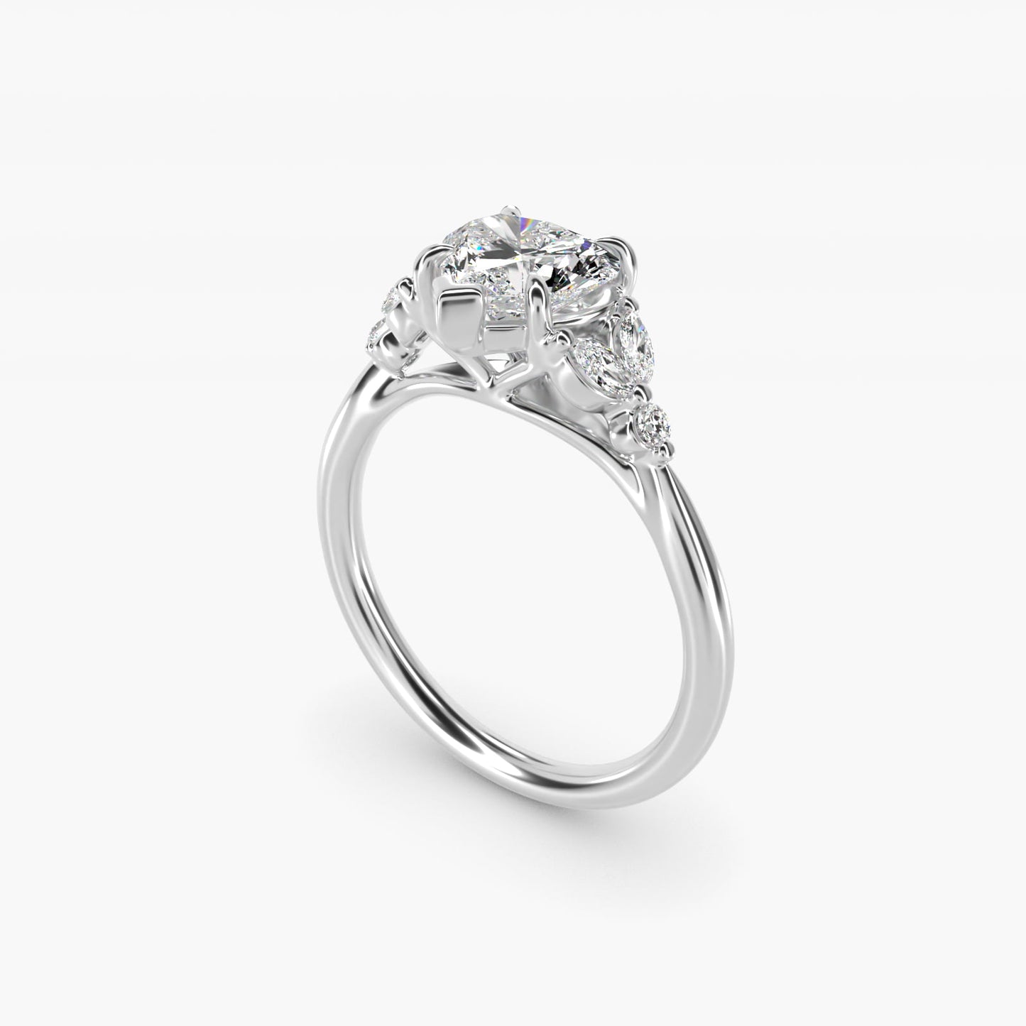 Floral Marquise Diamond Engagement Ring in Platinum - Heart Center
