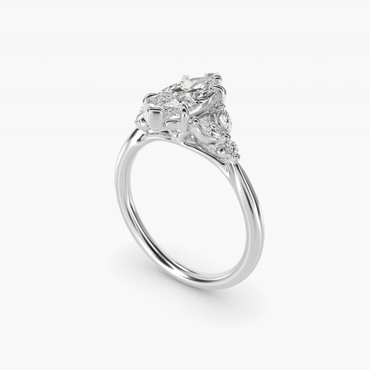 Floral Marquise Diamond Engagement Ring in 18k White Gold - Marquise Center