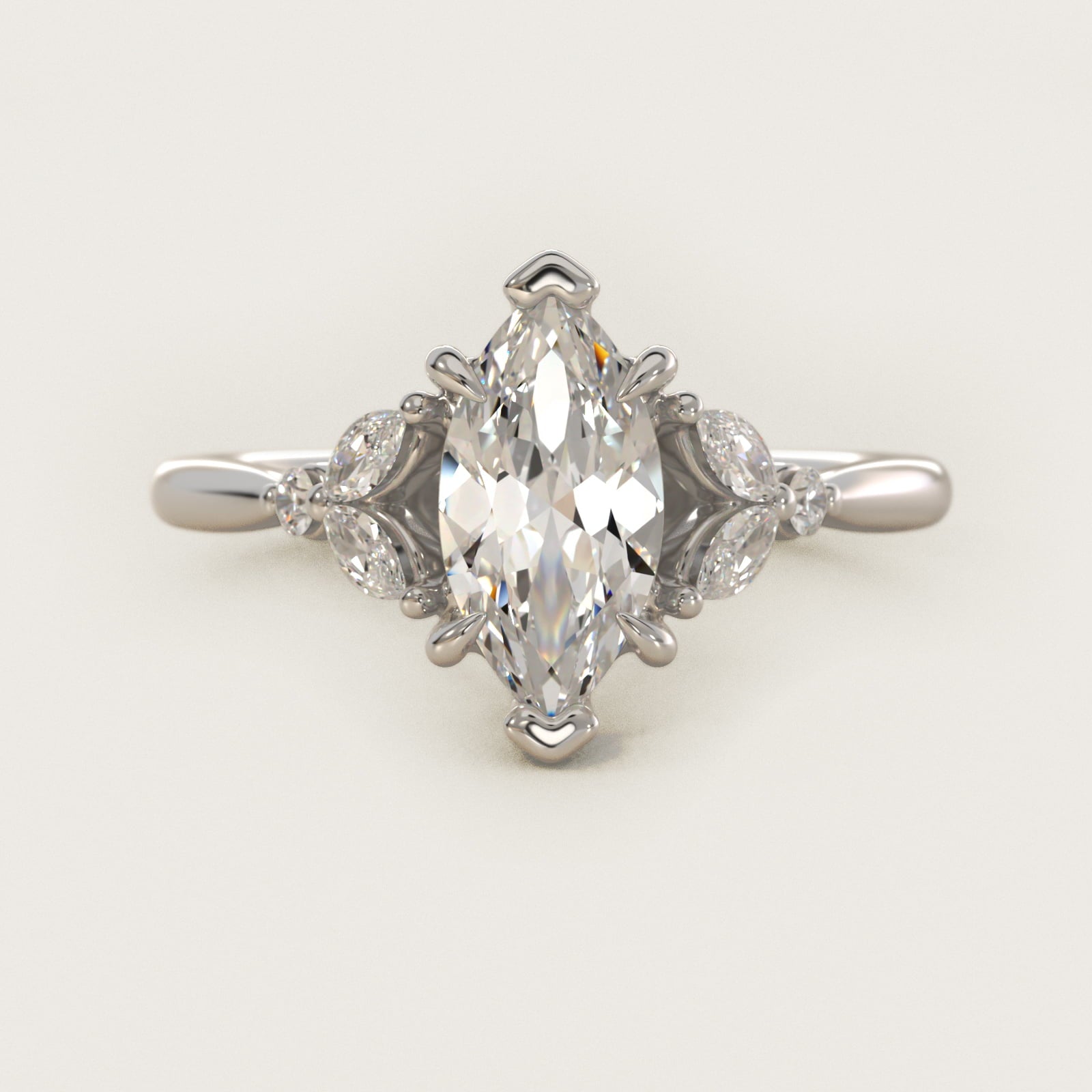 Floral Marquise Diamond Engagement Ring in 14k White Gold - Marquise Center