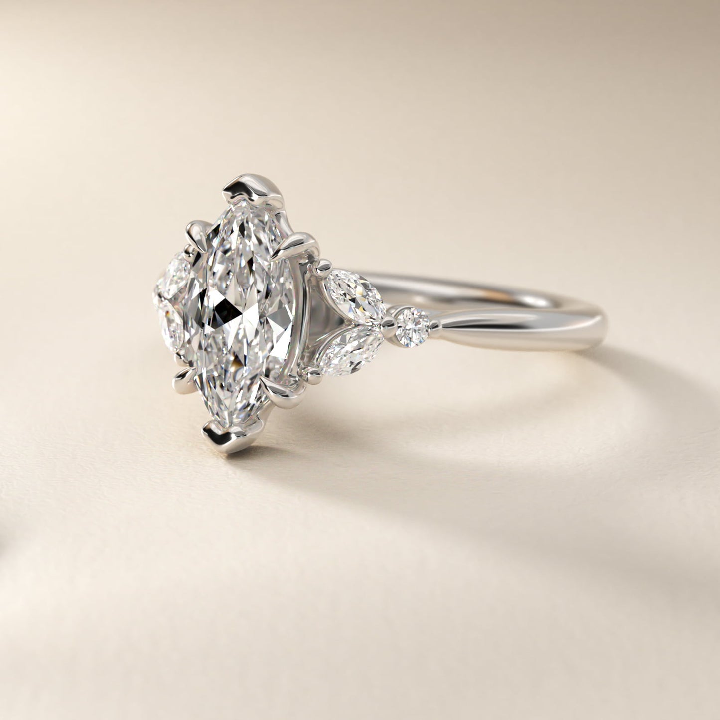 Floral Marquise Diamond Engagement Ring in 18k White Gold - Marquise Center