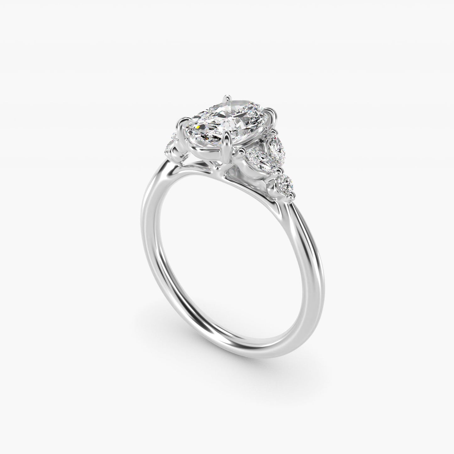 Floral Marquise Diamond Engagement Ring in 18k White Gold - Oval Center