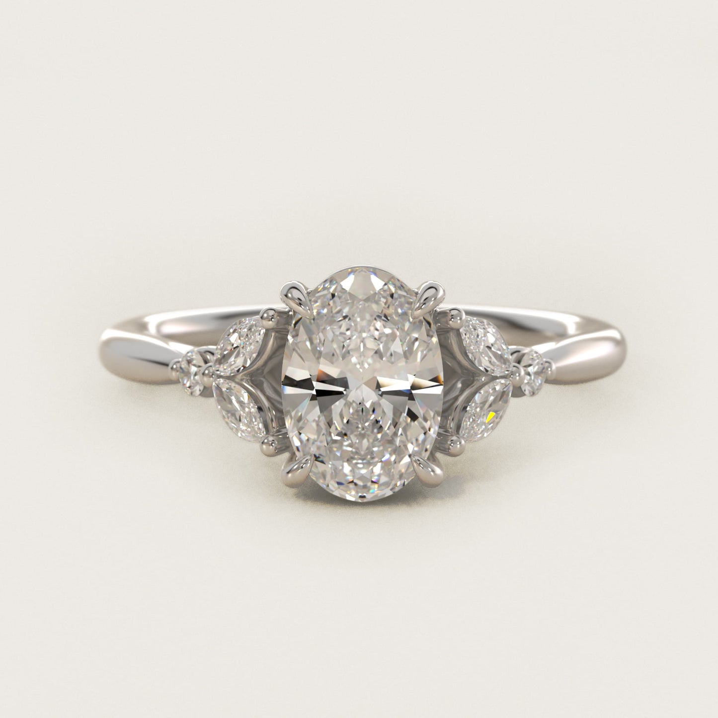 Floral Marquise Diamond Engagement Ring in 18k White Gold - Oval Center